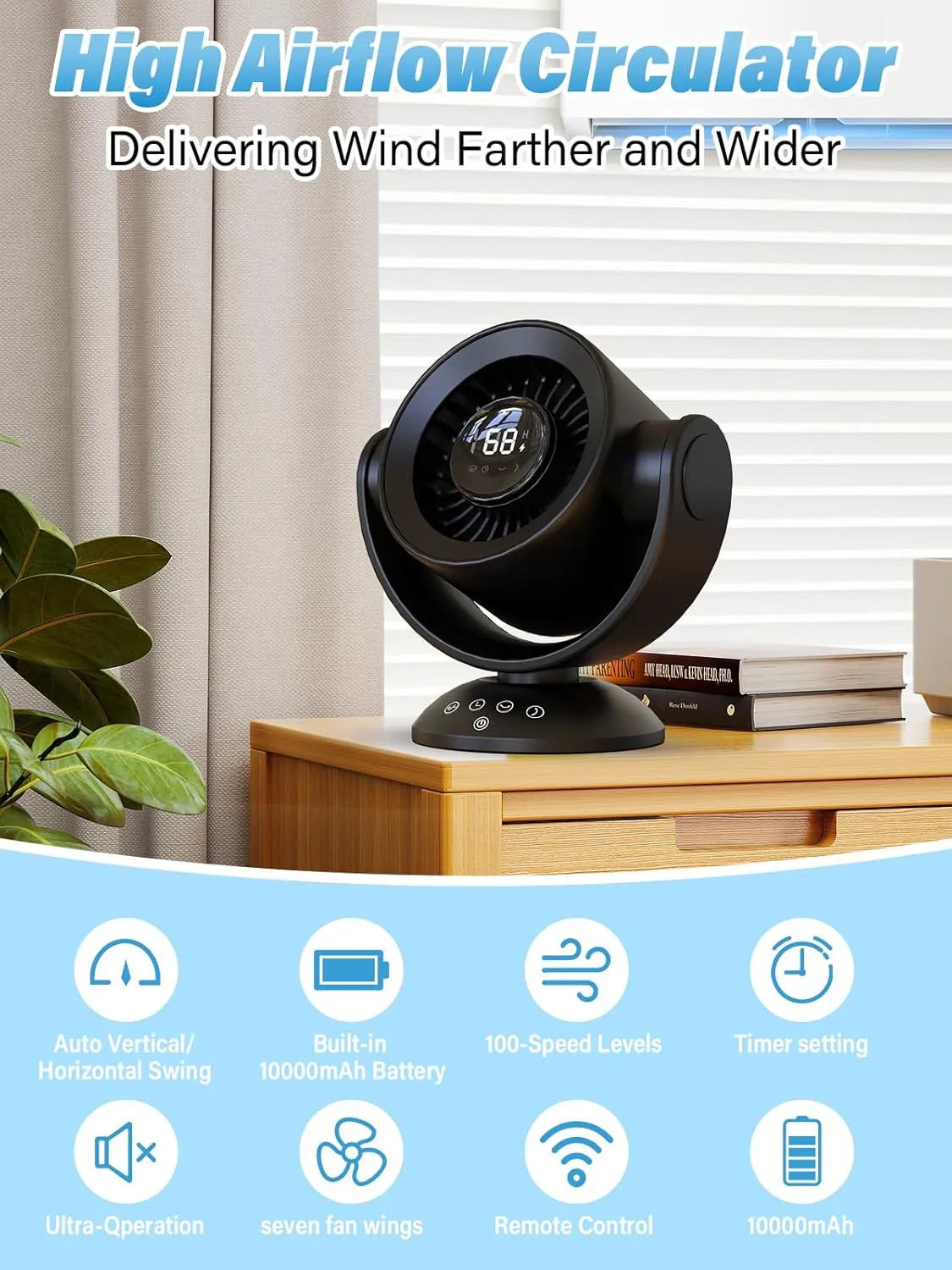 Desk Fans for BedroomAir Circulator Fan90Vertical  120Auto Oscillating,100 Speeds, 10H Timer, Quiet Fan,Digital Display Rechargeable USB, with Remote, for Home, OfficeBlack