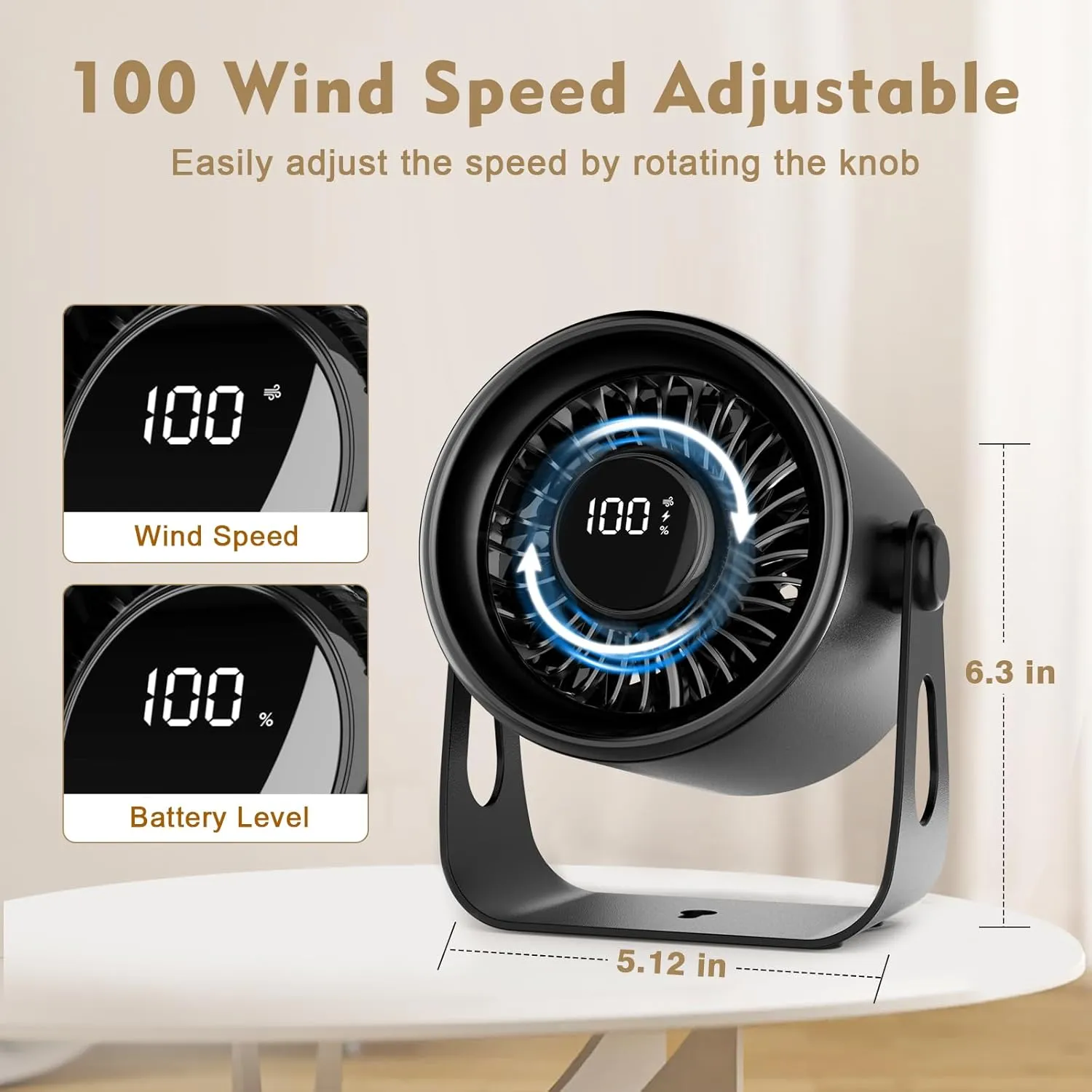 Desk Fans Small Quiet, 100 Speeds Rechargeable Fan Portable, 4000mAh Battery Powered Fan with Digital Display, 110 Tilt Adjustable Personal Table Fan for Bedroom Home Office Travel, Black