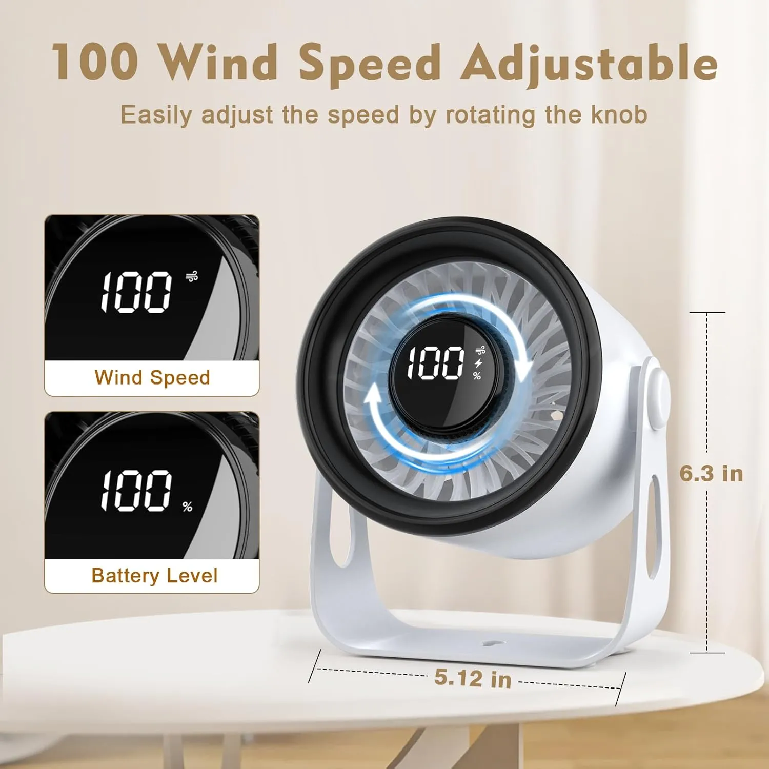 Desk Fans Small Quiet, 100 Speeds Strong Wind Portable Fan Rechargeable with 4000mAh Battery Operated, 6.3 Inch Personal Table Fan for Bedroom Home Travel Outdoor Camping, White
