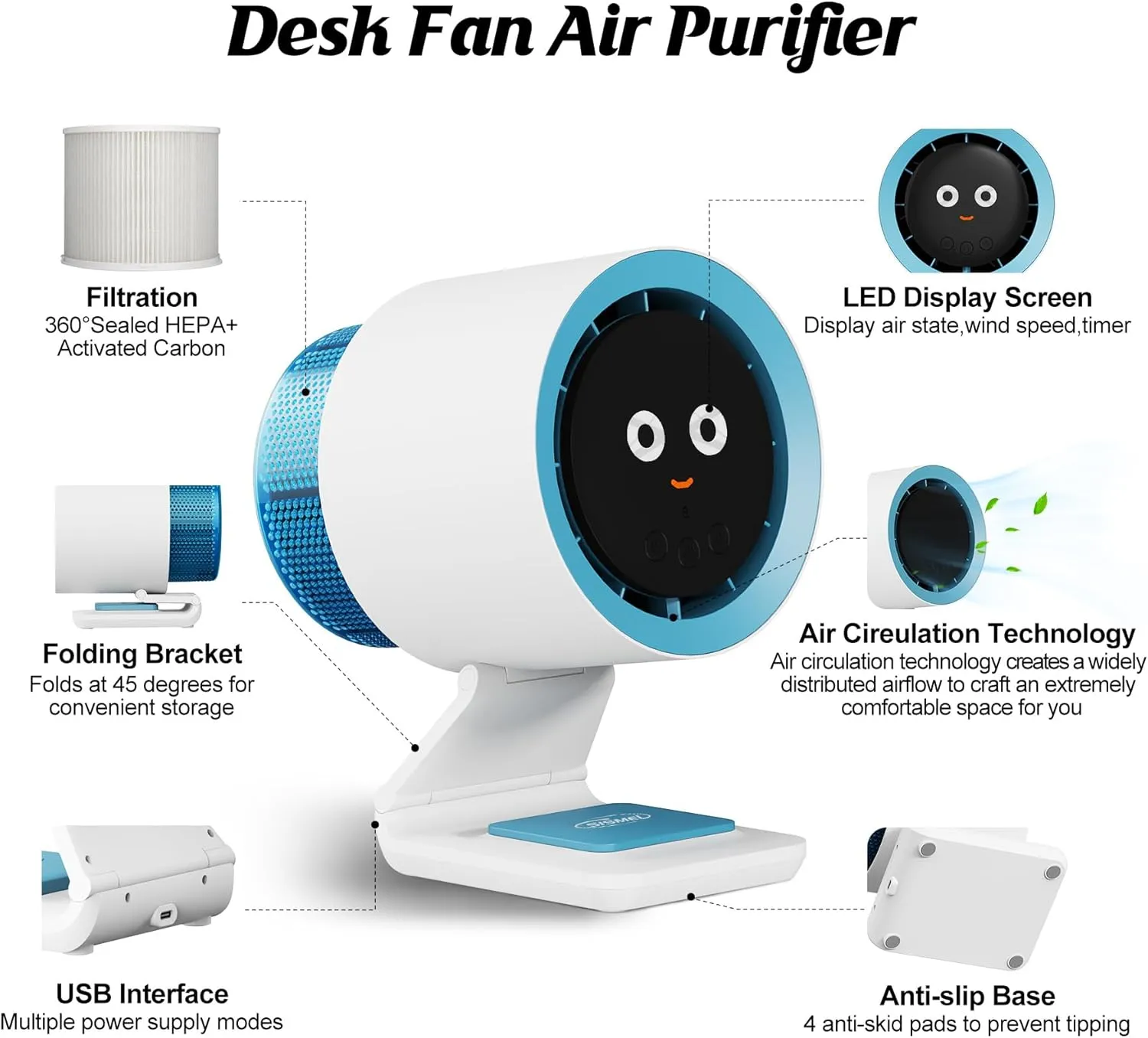 Desk Fan,Small Fan for Bedroom,Portable Fan with Air Purifier,Personal Fan with Four Different Emotions,Desk Fans Small Quiet,4 Speed Adjustment,Cooling Fan for Home Office Bedroom(No Battery)