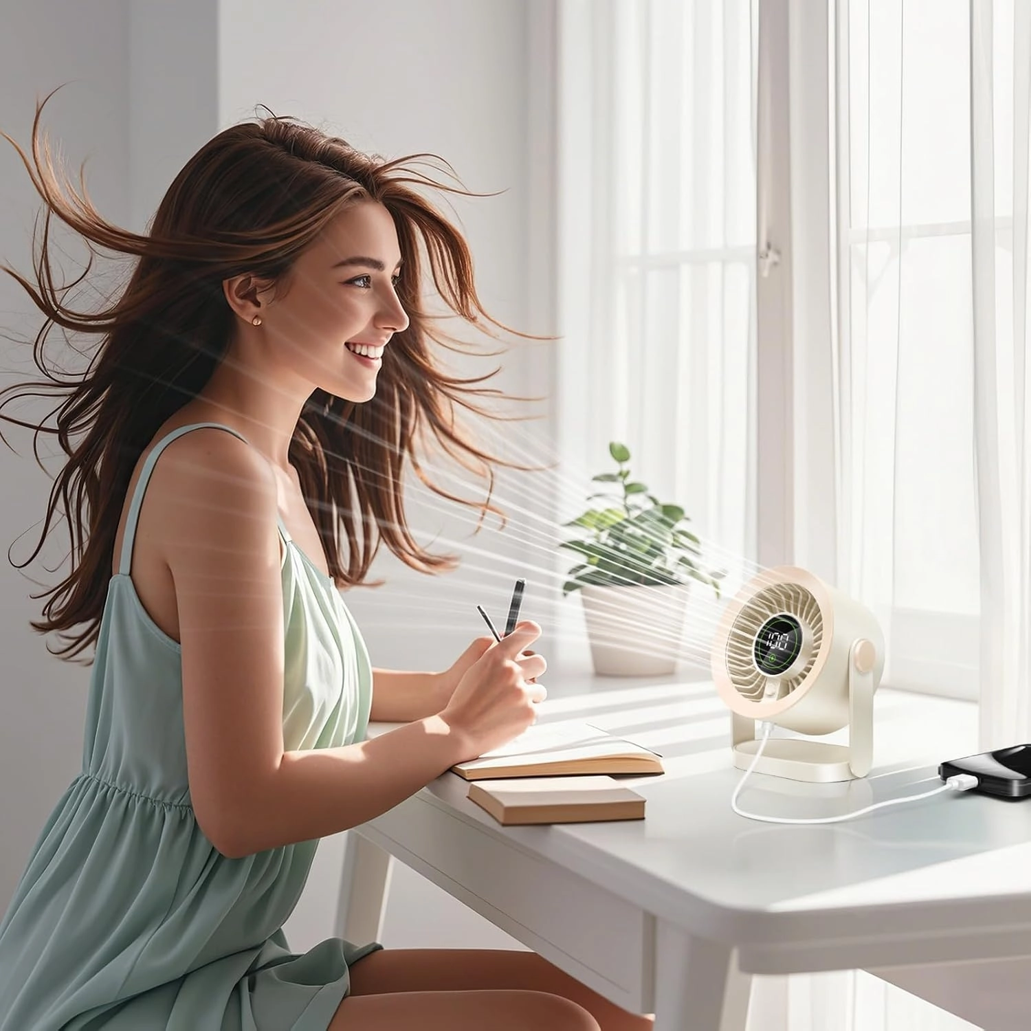 Desk Fan, LED Display Small Portable Fans, 100 Speeds Long, Lasting Power Travel Camping Personal AC Table Fan, Digital Display Portable USB Fan for Bedroom, Office, Dorm, Bedside, Home - Beige