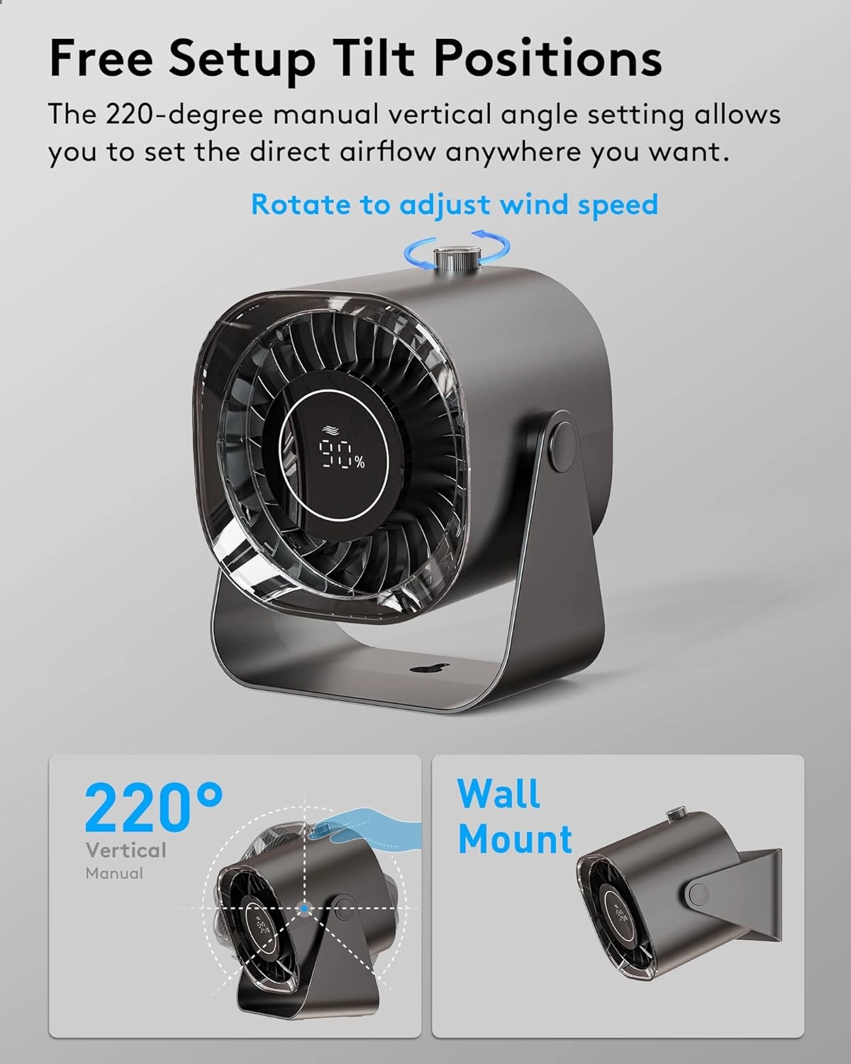 Desk Fan,Small Table Fans for Bedroom,220 Adjustable Tilt,Digital Display,12H Time,Desk Air Circulator Fan with 100 Speeds, Quiet Portable Fan for Dorm/Room/Office/Travel Camping-Black