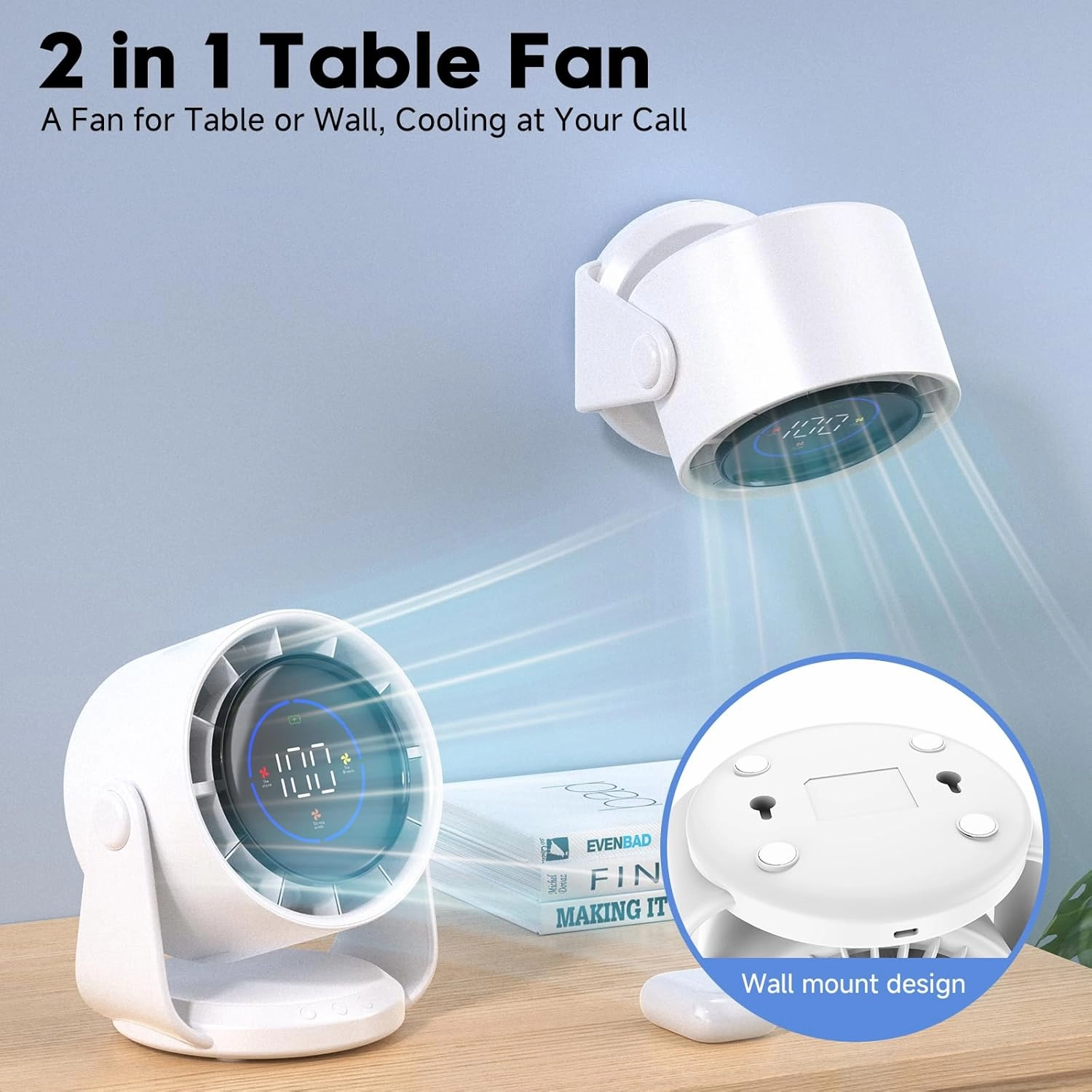Desk Fan, Turbo Table Fan for Bedroom, 100-Speed Digital Display, Low Noise, 105 Adjustable Tilt, 7.5-inch, Rechargeable Battery, Wall-Mouted Design for Home, Office, Travel Dark White