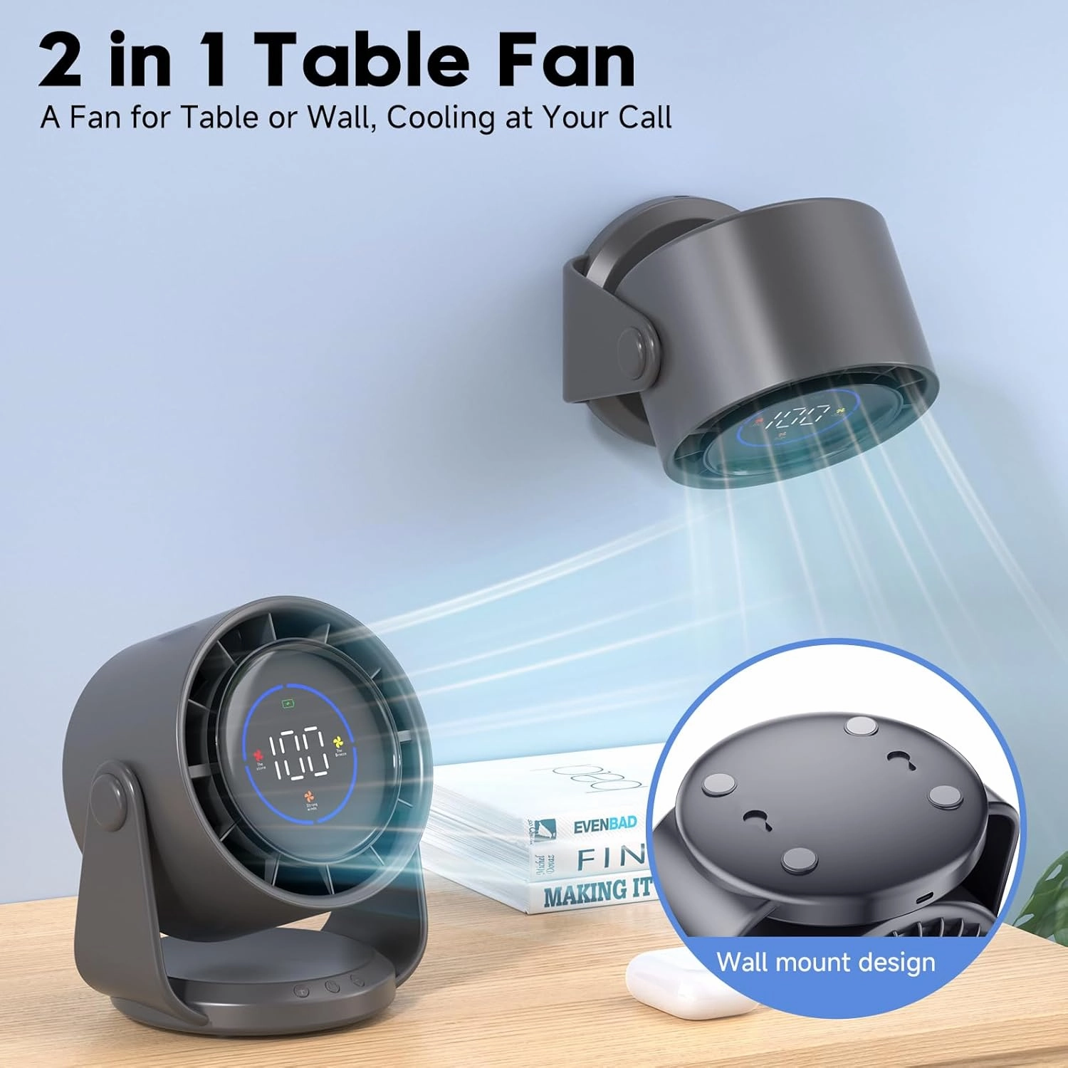 Desk Fan, Turbo Table Fan for Bedroom, 100-Speed Digital Display, Low Noise, 105 Adjustable Tilt, 7.5-inch, Rechargeable Battery, Wall-Mouted Design for Home, Office, Travel Grey