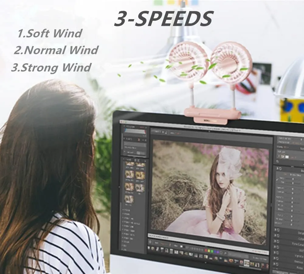 Desktop Fan, Monitor Clip on Fan with 2 Fan Heads, 3 Speeds Office Desk fan USB Powered Cooling Fan with Sturdy Adjustable Clamp, Strong Wind Quiet Personal USB Small Fan for Laptops, Desktop.