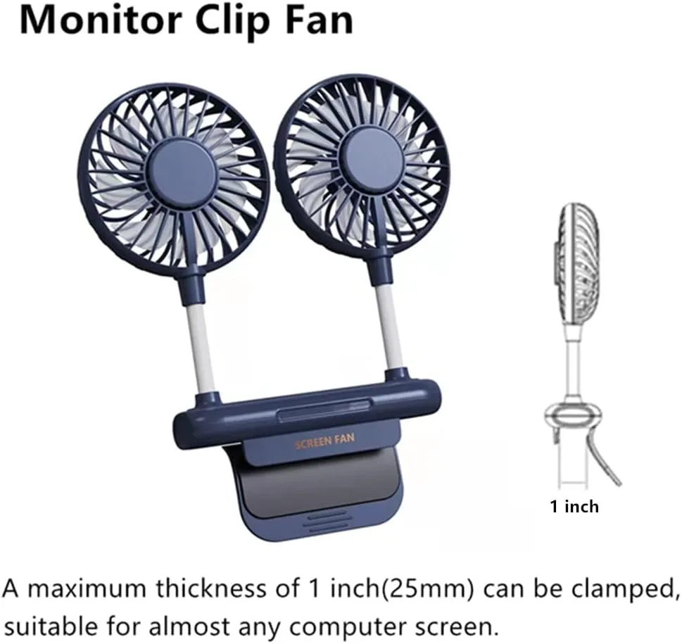 Desktop Fan, Monitor Clip on Fan with 2 Fan Heads, 3 Speeds Office Desk fan USB Powered Cooling Fan with Sturdy Adjustable Clamp, Strong Wind Quiet Personal USB Small Fan for Laptops, Desktop.