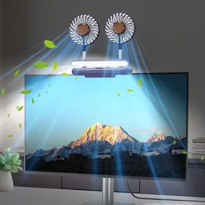 Desktop Fan with LED Lights, Monitor Clip on Fan with 2 Rotatable Heads, 3 Speeds Office Desk Fans Small Quiet Sturdy Adjustable Clamp, Strong Wind Personal Cooling Fans for Laptop, Desktop. USB desktop fan for workspace