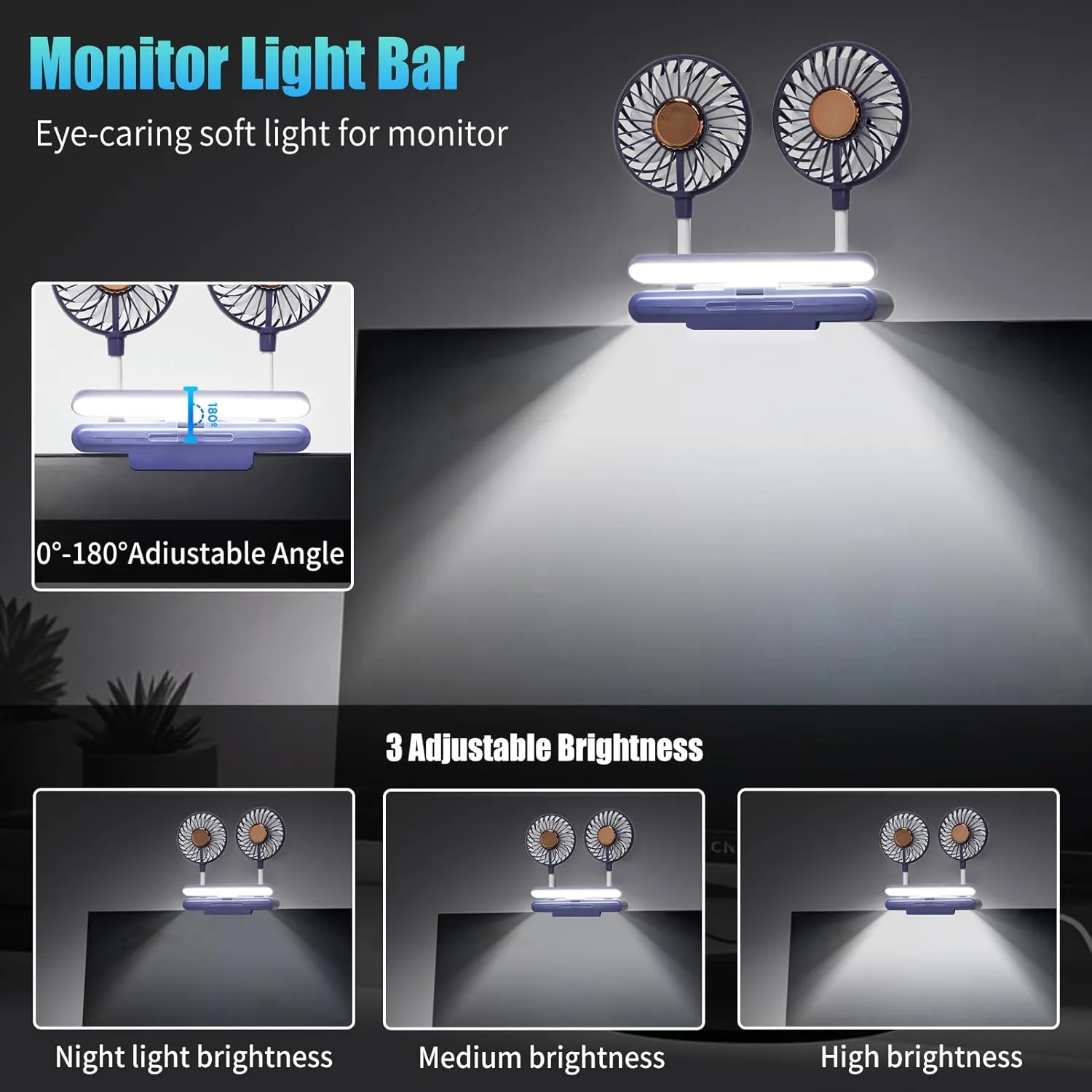 Desktop Fan with LED Lights, Monitor Clip on Fan with 2 Rotatable Heads, 3 Speeds Office Desk Fans Small Quiet Sturdy Adjustable Clamp, Strong Wind Personal Cooling Fans for Laptop, Desktop.
