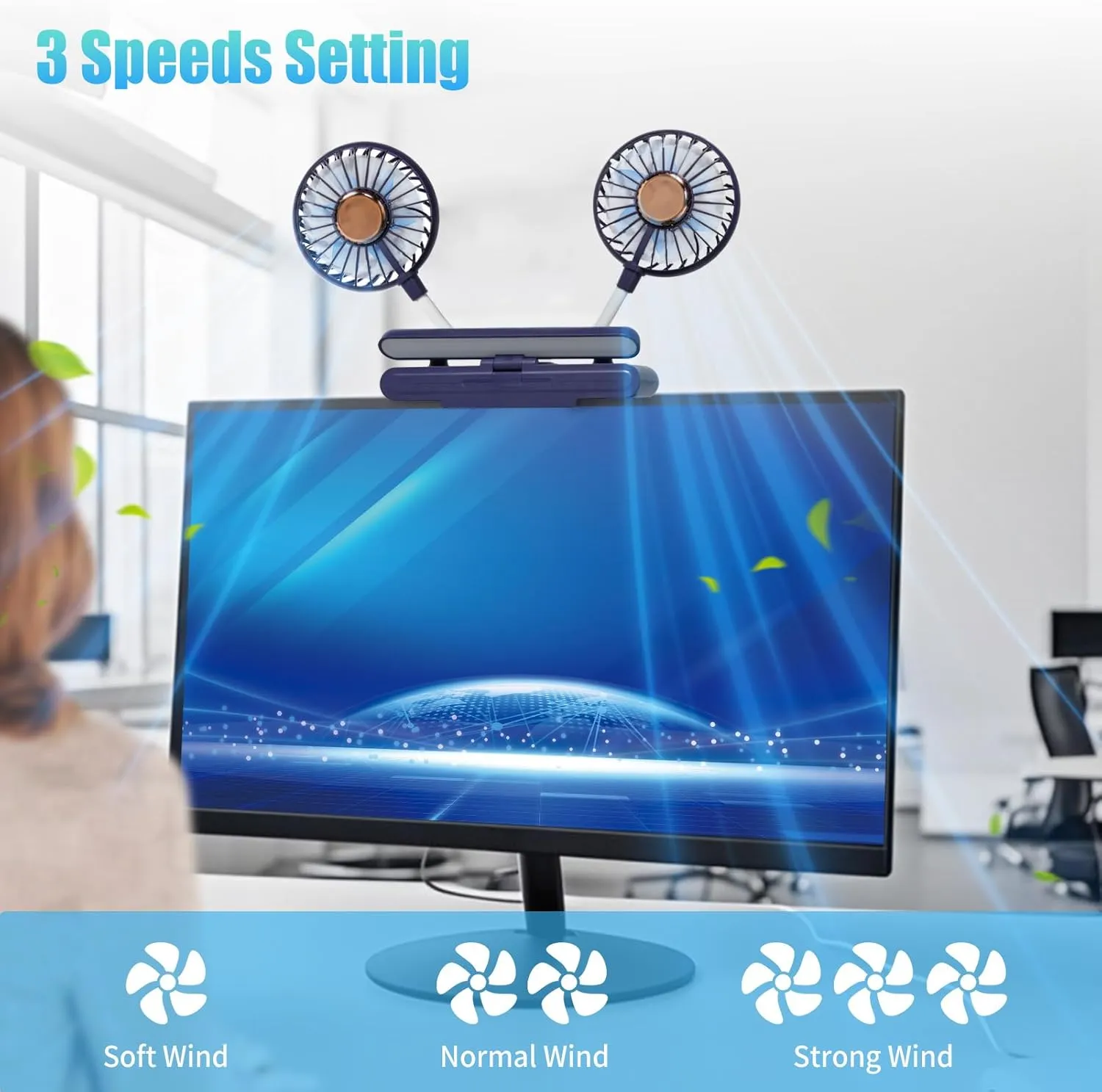 Desktop Fan with LED Lights, Monitor Clip on Fan with 2 Rotatable Heads, 3 Speeds Office Desk Fans Small Quiet Sturdy Adjustable Clamp, Strong Wind Personal Cooling Fans for Laptop, Desktop.