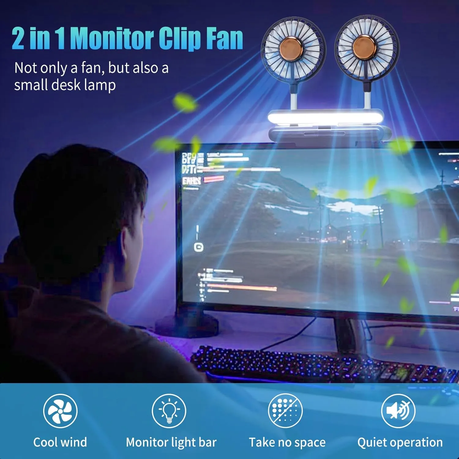 Desktop Fan with LED Lights, Monitor Clip on Fan with 2 Rotatable Heads, 3 Speeds Office Desk Fans Small Quiet Sturdy Adjustable Clamp, Strong Wind Personal Cooling Fans for Laptop, Desktop.