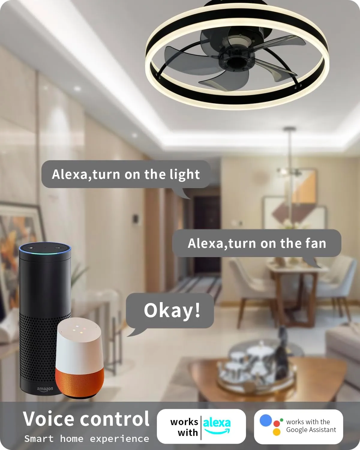 DewShrimp Low Profile Ceiling Fan, Bladeless Ceiling Light with Speaker, 19.8" Smart Ceiling Fan Compatible with Alexa/Google Assistant/App Control, 6 Speed Flush Mount Ceiling Light