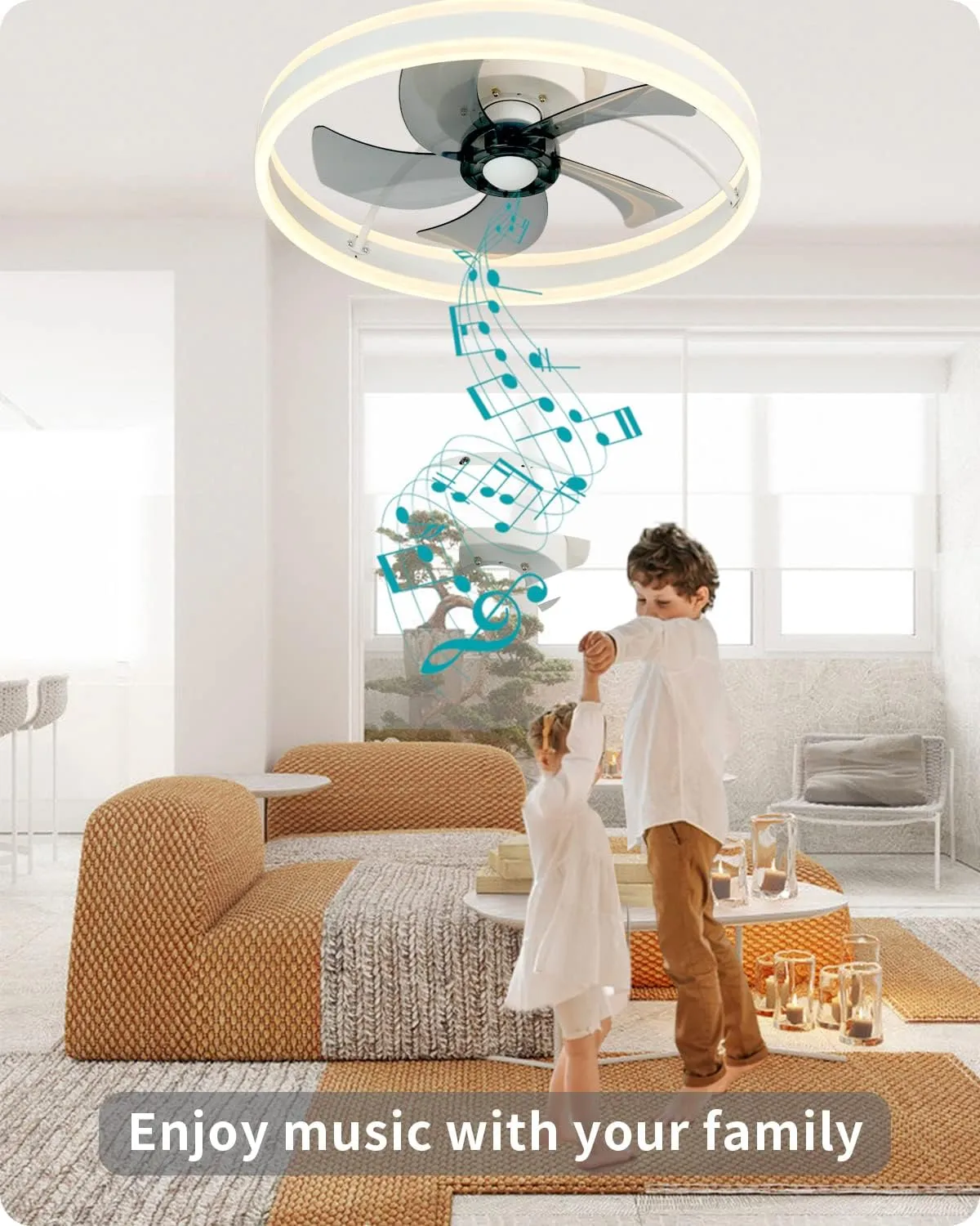 DewShrimp Low Profile Ceiling Fan, Bladeless Ceiling Light with Speaker, 19.8" Smart Ceiling Fan Compatible with Alexa/Google Assistant/App Control, 6 Speed Flush Mount Ceiling Light