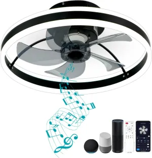 DewShrimp Low Profile Ceiling Fan, Bladeless Ceiling Light with Speaker, 19.8" Smart Ceiling Fan Compatible with Alexa/Google Assistant/App Control, 6 Speed Flush Mount Ceiling Light App-controlled remote fan for convenience