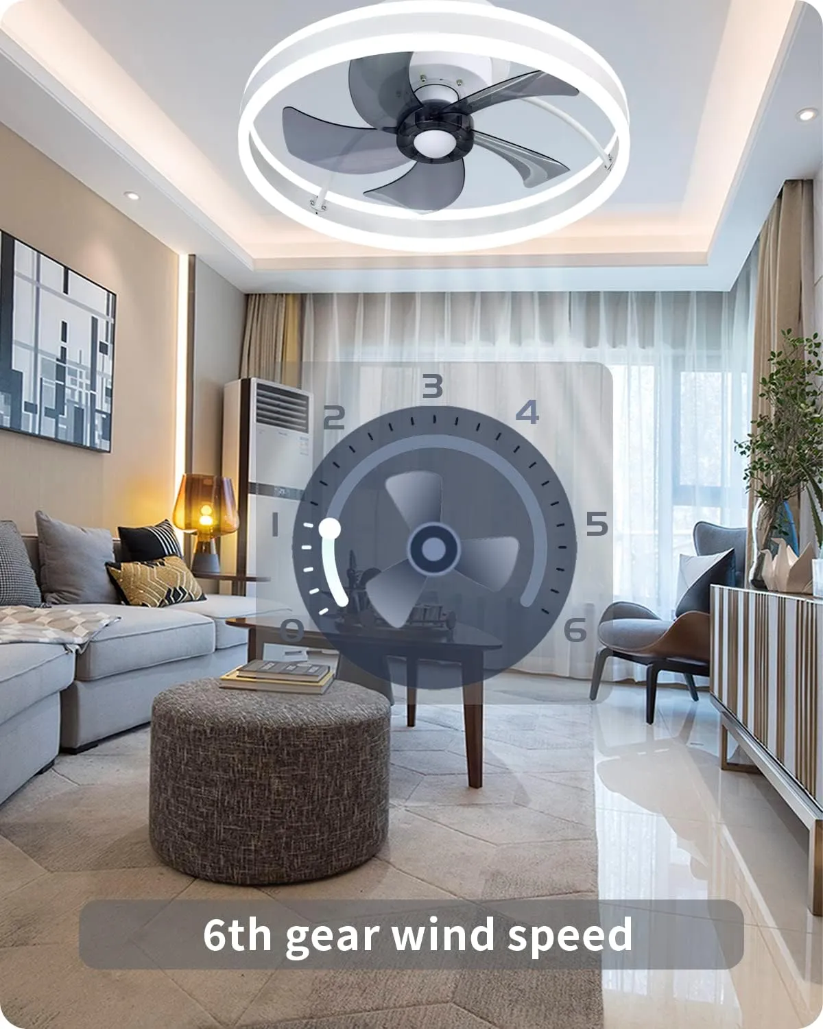 DewShrimp Low Profile Ceiling Fan, Bladeless Ceiling Light with Speaker, 19.8" Smart Ceiling Fan Compatible with Alexa/Google Assistant/App Control, 6 Speed Flush Mount Ceiling Light