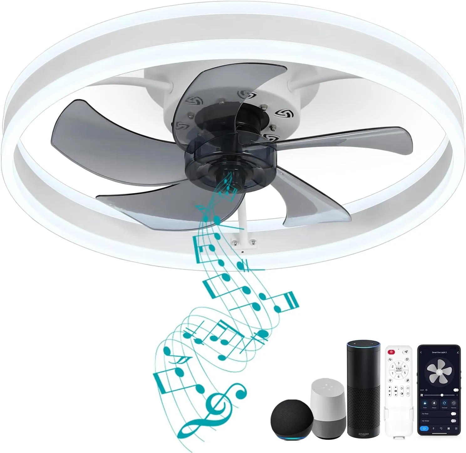 DewShrimp Low Profile Ceiling Fan, Bladeless Ceiling Light with Speaker, 19.8" Smart Ceiling Fan Compatible with Alexa/Google Assistant/App Control, 6 Speed Flush Mount Ceiling Light App-controlled remote fan for convenience