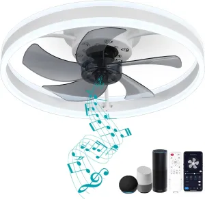 DewShrimp Low Profile Ceiling Fan, Bladeless Ceiling Light with Speaker, 19.8" Smart Ceiling Fan Compatible with Alexa/Google Assistant/App Control, 6 Speed Flush Mount Ceiling Light App-controlled remote fan for convenience