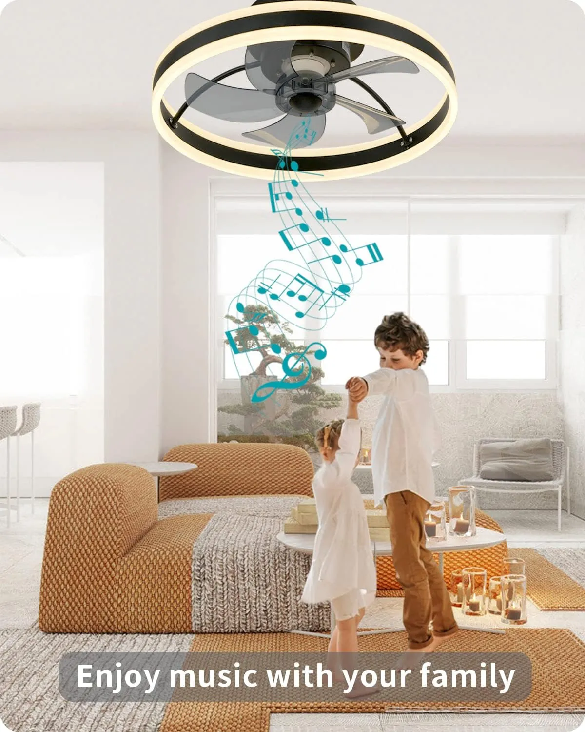 DewShrimp Low Profile Ceiling Fan, Bladeless Ceiling Light with Speaker, 19.8" Smart Ceiling Fan Compatible with Alexa/Google Assistant/App Control, 6 Speed Flush Mount Ceiling Light