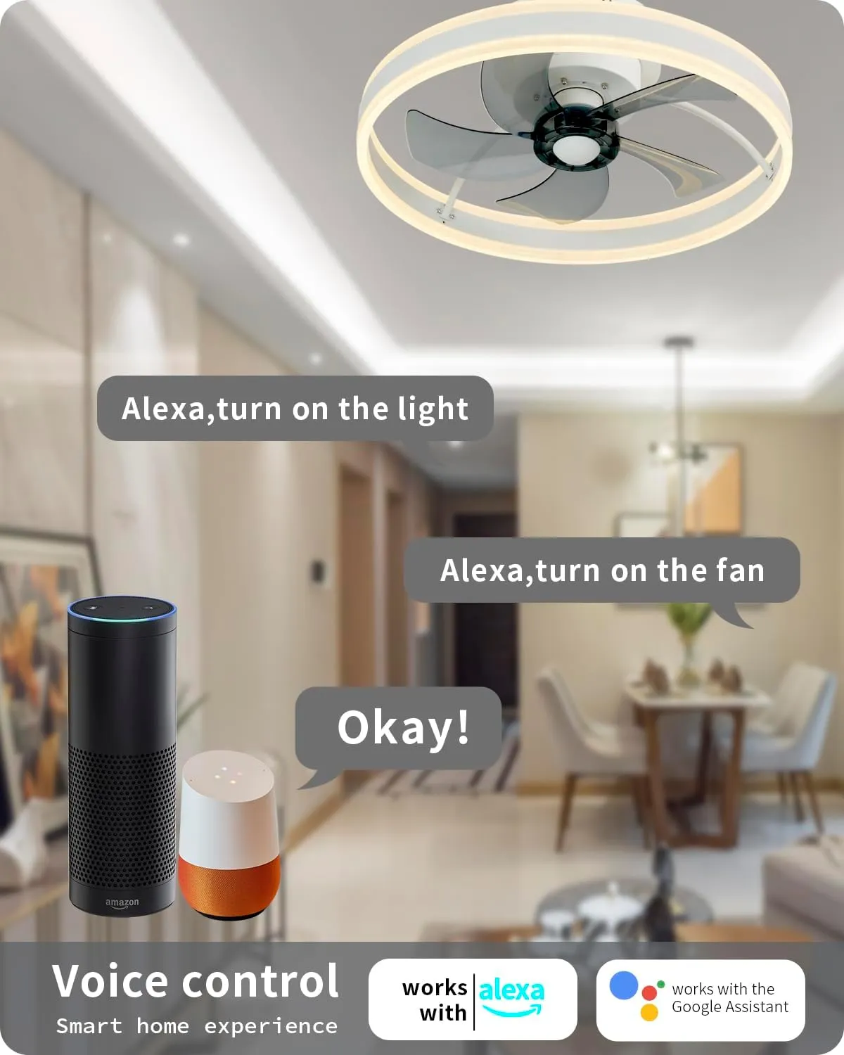 DewShrimp Low Profile Ceiling Fan, Bladeless Ceiling Light with Speaker, 19.8" Smart Ceiling Fan Compatible with Alexa/Google Assistant/App Control, 6 Speed Flush Mount Ceiling Light