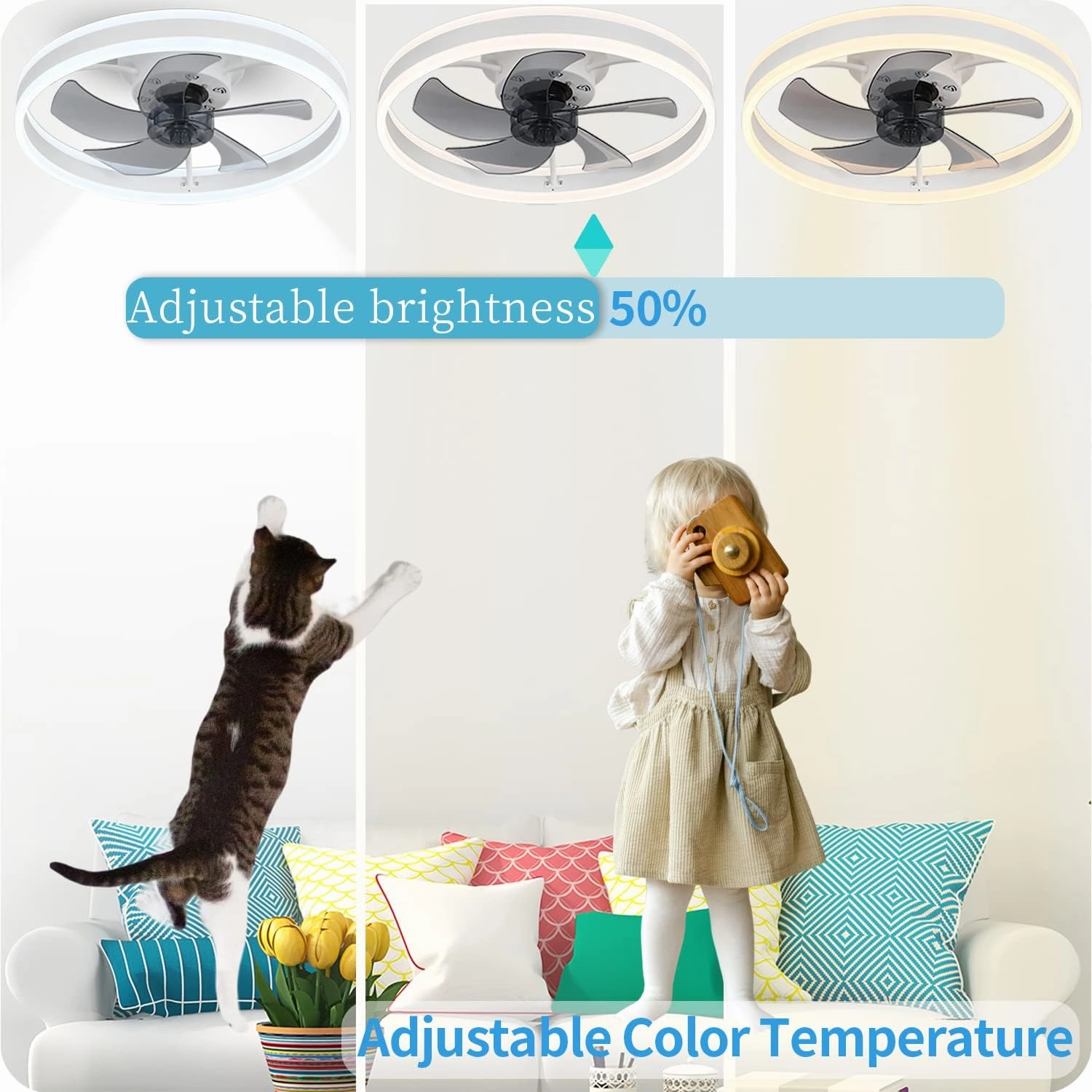 DewShrimp Flush Mount Bladeless Ceiling Fan with Lights, Bluetooth Speaker,App and Remote Control,Quiet Low Profile,LED Stepless Dimming,3 Colors 6 Speeds Reversible,19.7in