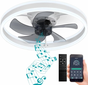 DewShrimp Flush Mount Bladeless Ceiling Fan with Lights, Bluetooth Speaker,App and Remote Control,Quiet Low Profile,LED Stepless Dimming,3 Colors 6 Speeds Reversible,19.7in App-controlled remote fan for convenience