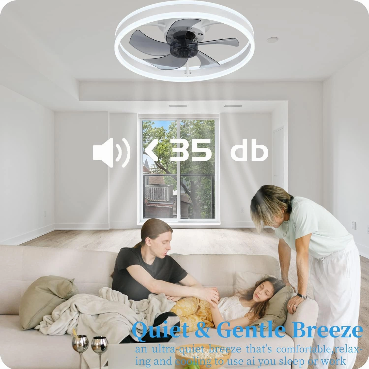 DewShrimp Flush Mount Bladeless Ceiling Fan with Lights, Bluetooth Speaker,App and Remote Control,Quiet Low Profile,LED Stepless Dimming,3 Colors 6 Speeds Reversible,19.7in