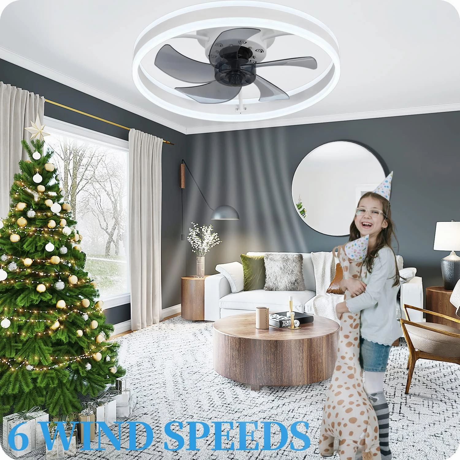 DewShrimp Flush Mount Bladeless Ceiling Fan with Lights, Bluetooth Speaker,App and Remote Control,Quiet Low Profile,LED Stepless Dimming,3 Colors 6 Speeds Reversible,19.7in