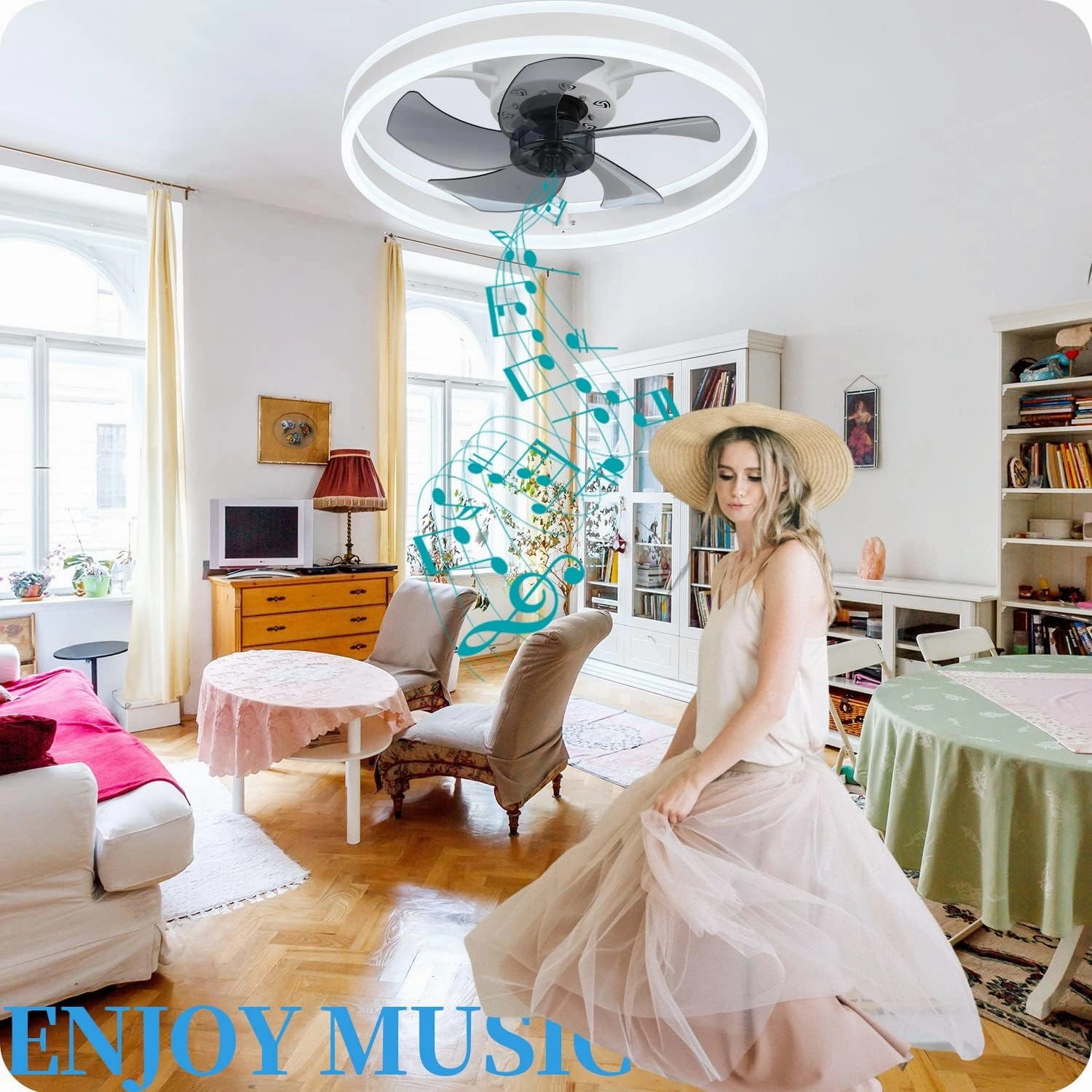 DewShrimp Flush Mount Bladeless Ceiling Fan with Lights, Bluetooth Speaker,App and Remote Control,Quiet Low Profile,LED Stepless Dimming,3 Colors 6 Speeds Reversible,19.7in