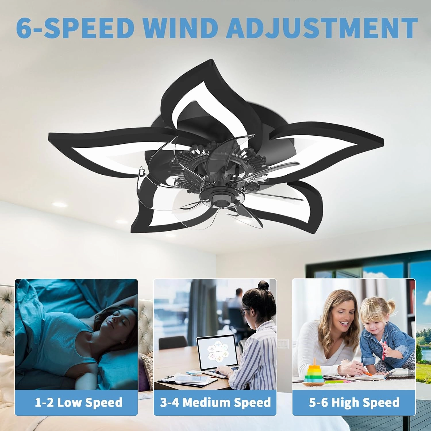 Dimmable Ceiling Fan with Light and Remote Control, 27" Small Flush Mounted Ceiling Fan with Led Lights, APP and Remote Controlled, Modern, Black, Upgraded