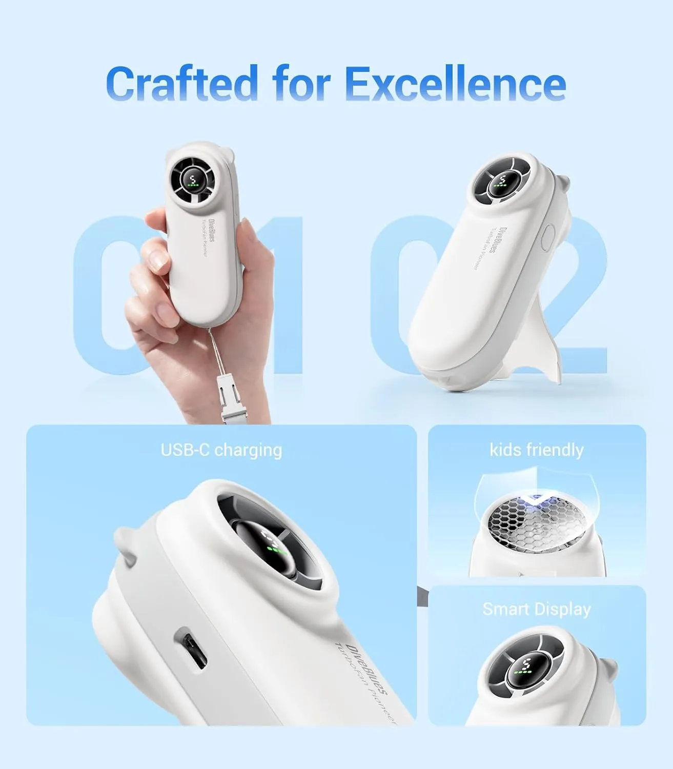 Diveblues Handheld Portable Turbo Fan, 4000mAh USB Rechargeable Pocket Fan, Up to 16 Hours, Hand Fan with 5 Speeds Powerful Cooling for Travel/Summer/Outdoor/Lash/Purse