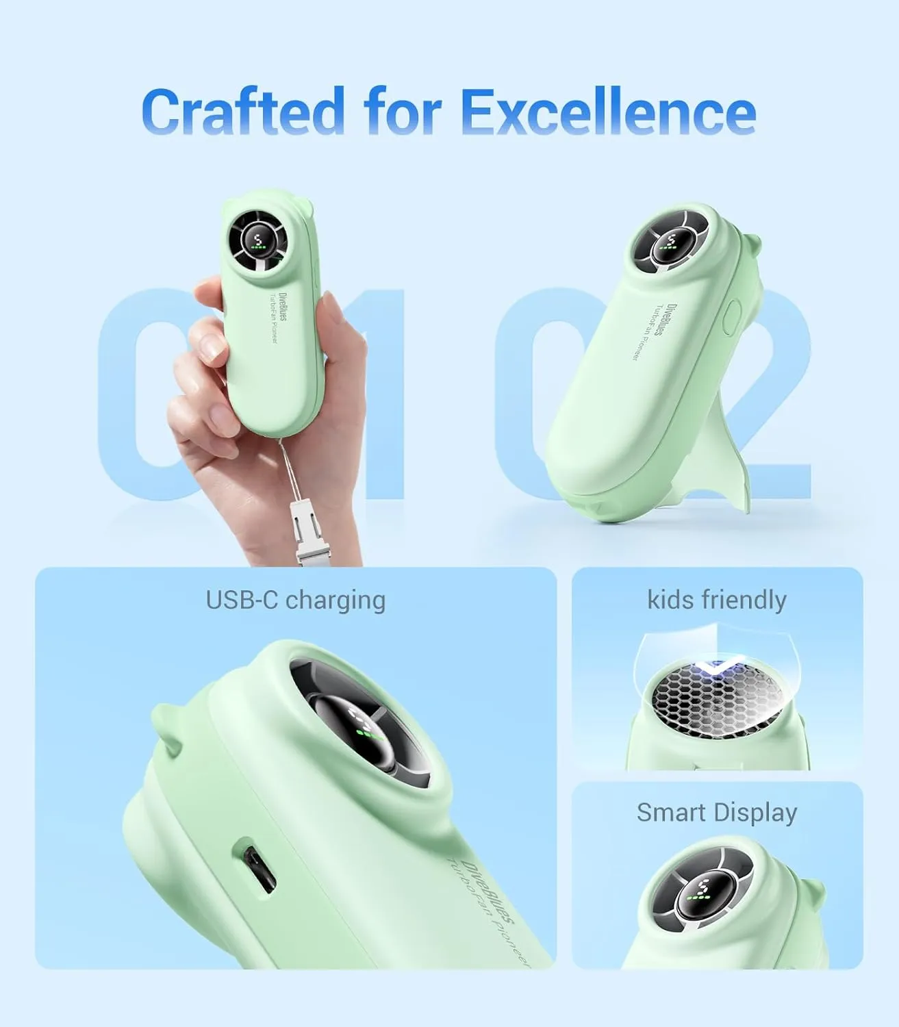 Diveblues Handheld Portable Turbo Fan, 4000mAh USB Rechargeable Pocket Fan, Up to 16 Hours, Hand Fan with 5 Speeds Powerful Cooling for Travel/Summer/Outdoor/Lash/Purse
