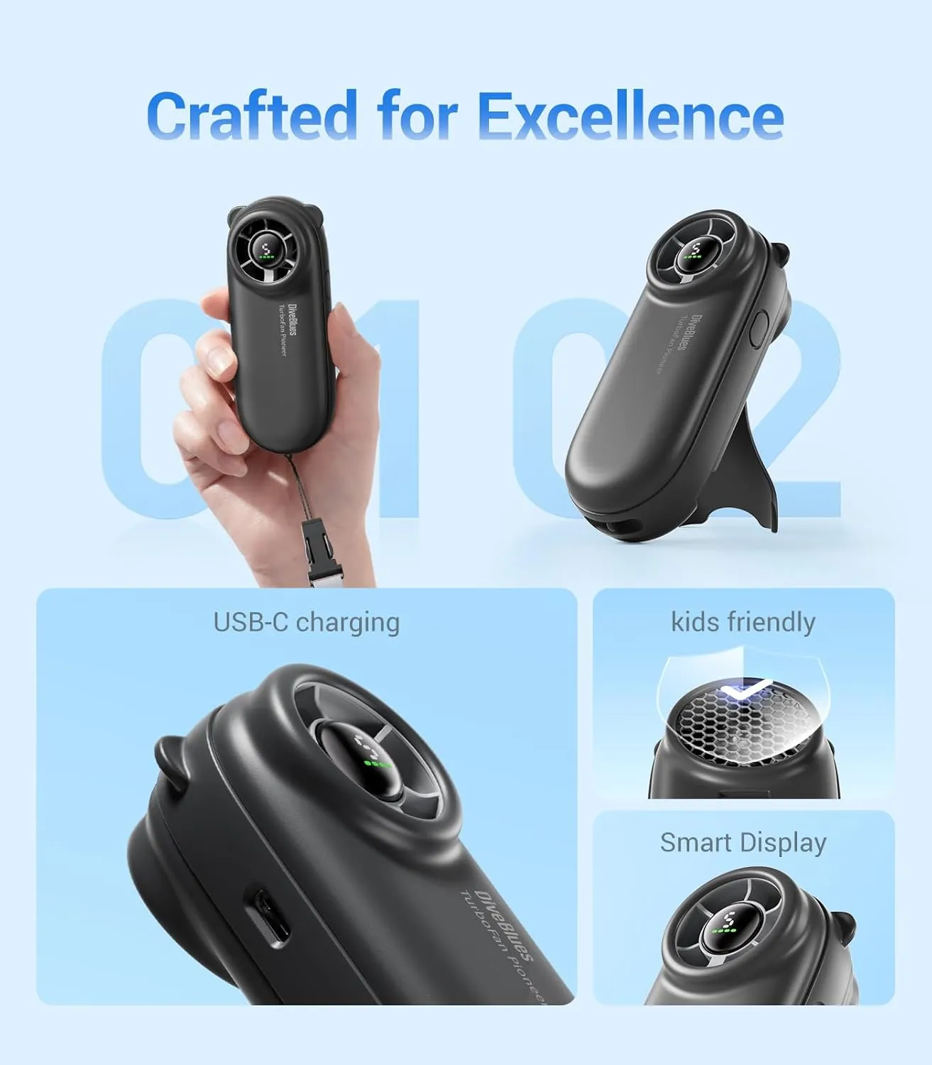 Diveblues Handheld Portable Turbo Fan, 4000mAh USB Rechargeable Pocket Fan, Up to 16 Hours, Hand Fan with 5 Speeds Powerful Cooling for Travel/Summer/Outdoor/Lash/Purse