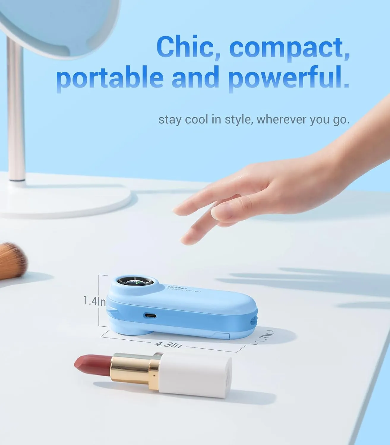 Diveblues Handheld Portable Turbo Fan, 4000mAh USB Rechargeable Pocket Fan, Up to 16 Hours, Hand Fan with 5 Speeds Powerful Cooling for Travel/Summer/Outdoor/Lash/Purse