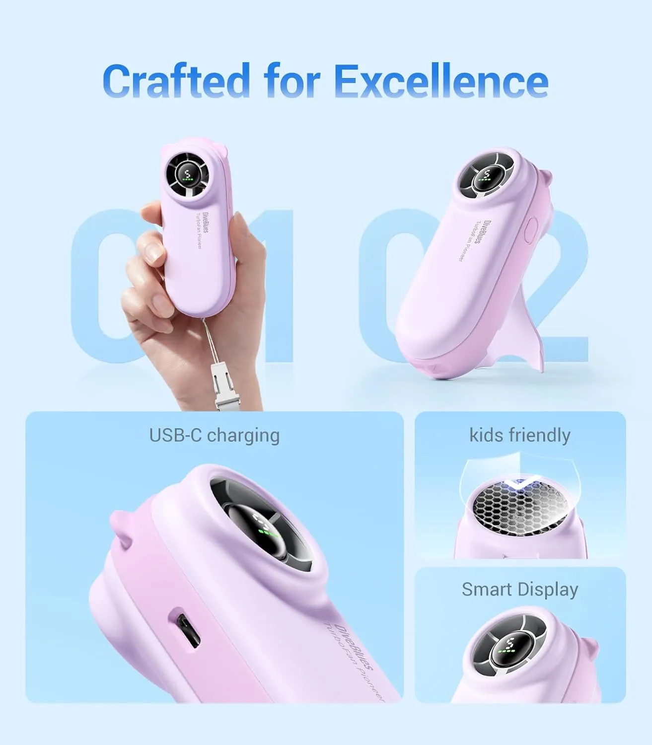 Diveblues Handheld Portable Turbo Fan, 4000mAh USB Rechargeable Pocket Fan, Up to 16 Hours, Hand Fan with 5 Speeds Powerful Cooling for Travel/Summer/Outdoor/Lash/Purse