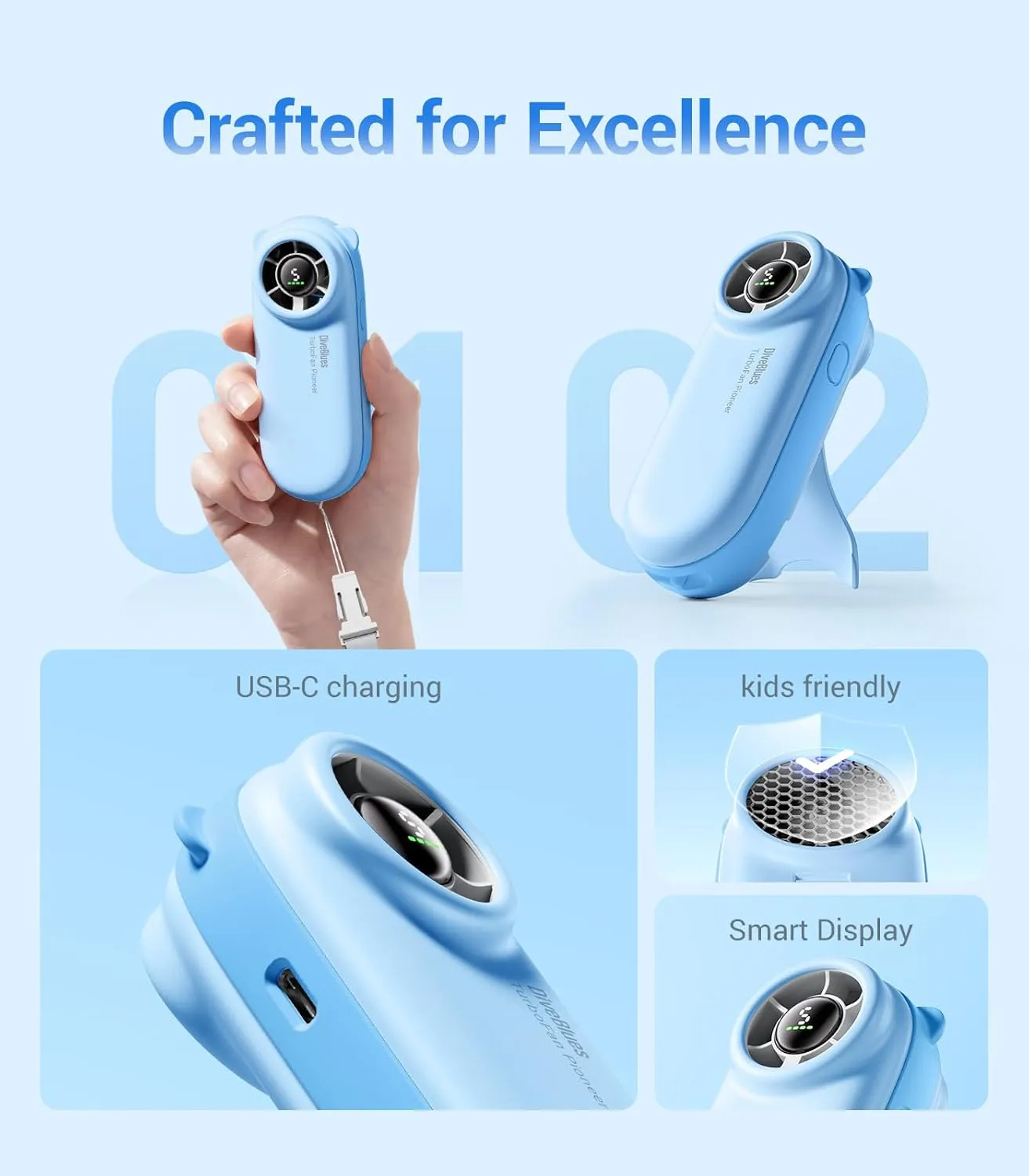 Diveblues Handheld Portable Turbo Fan, 4000mAh USB Rechargeable Pocket Fan, Up to 16 Hours, Hand Fan with 5 Speeds Powerful Cooling for Travel/Summer/Outdoor/Lash/Purse