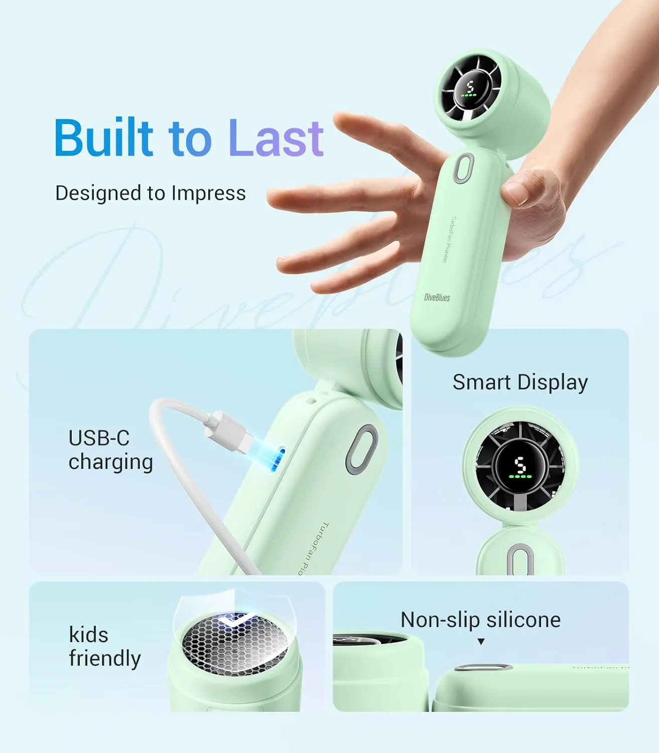 Diveblues High-Speed Portable Handheld Turbo Fan, USB Rechargeable Battery Powered, Small Portable Pocket Fan for Travel, Outdoor, Home, Office, Concerts, Lash, Gift for Women(Green)