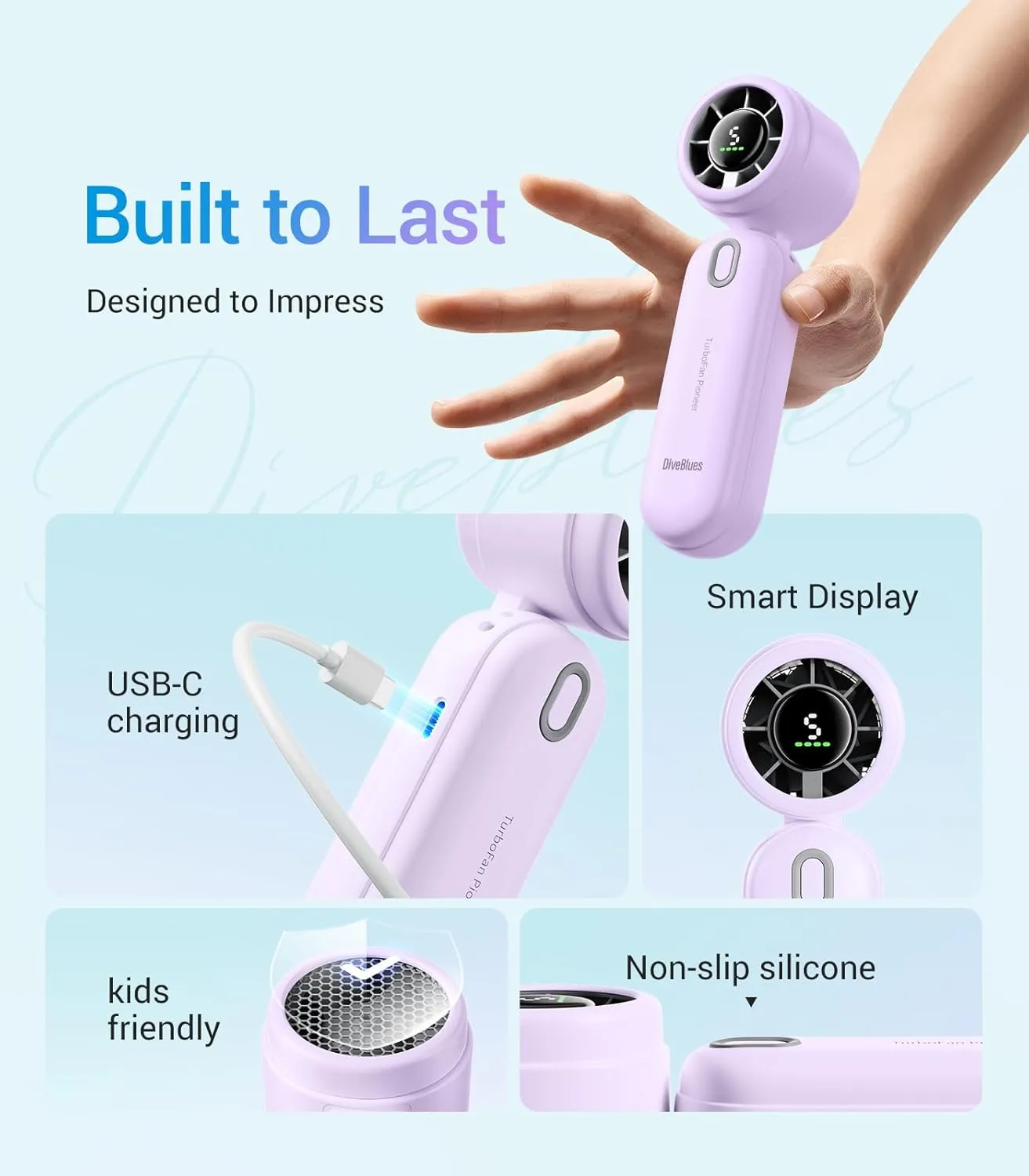 Diveblues High-Speed Portable Handheld Turbo Fan, USB Rechargeable Battery Powered, Small Portable Pocket Fan for Travel, Outdoor, Home, Office, Concerts, Lash, Gift for Women(Pruple)