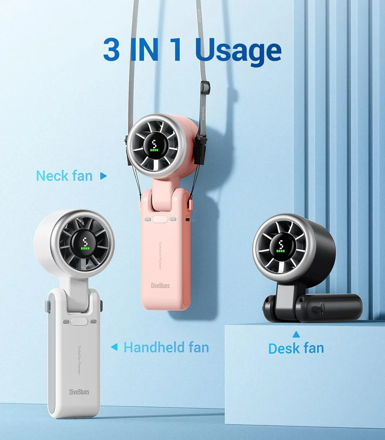 Diveblues Portable Handheld Turbo Fan, 5 Gear Wind, Battery Operated, Up to 12 Working Hours, 3 IN 1 Hand Fan with Air Turbo Tech Cooling Fan for Outdoor Activities, Travel, Working