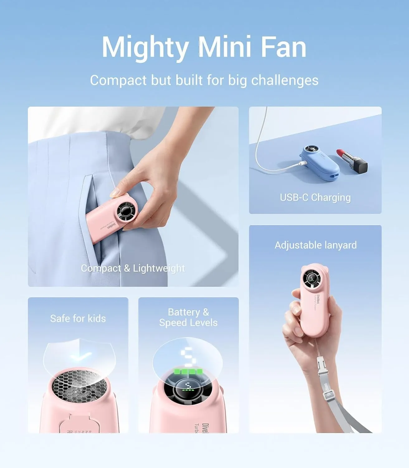 Diveblues TurboBear Portable Handheld Turbo Fan, 5 Gear Wind, Travel Essentials, Small Hand Held Fan Rechargeable, Mini Personal Fans Cooling, Battery Powered, Pocket Cute Gifts Women