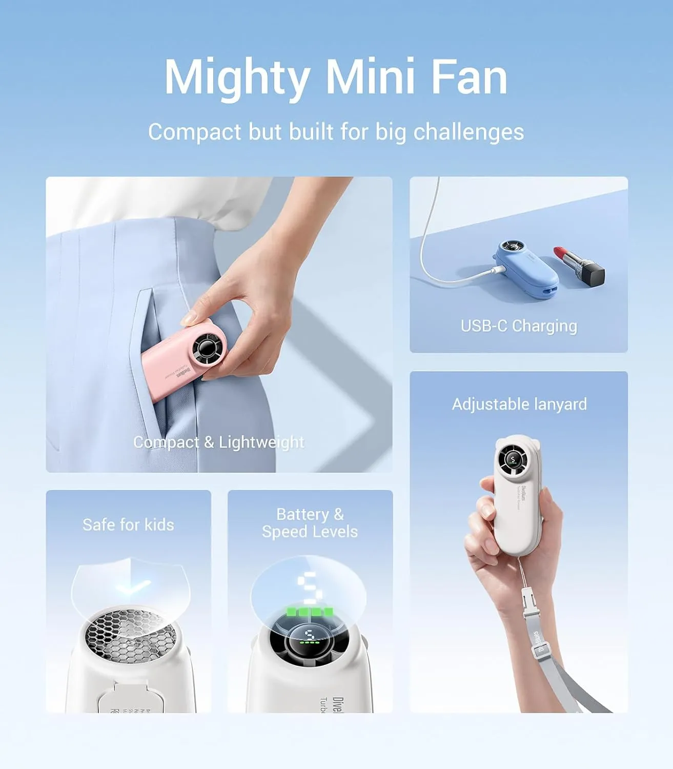 Diveblues TurboBear Portable Handheld Turbo Fan, 5 Gear Wind, Travel Essentials, Small Hand Held Fan Rechargeable, Mini Personal Fans Cooling, Battery Powered, Pocket Cute Gifts Women