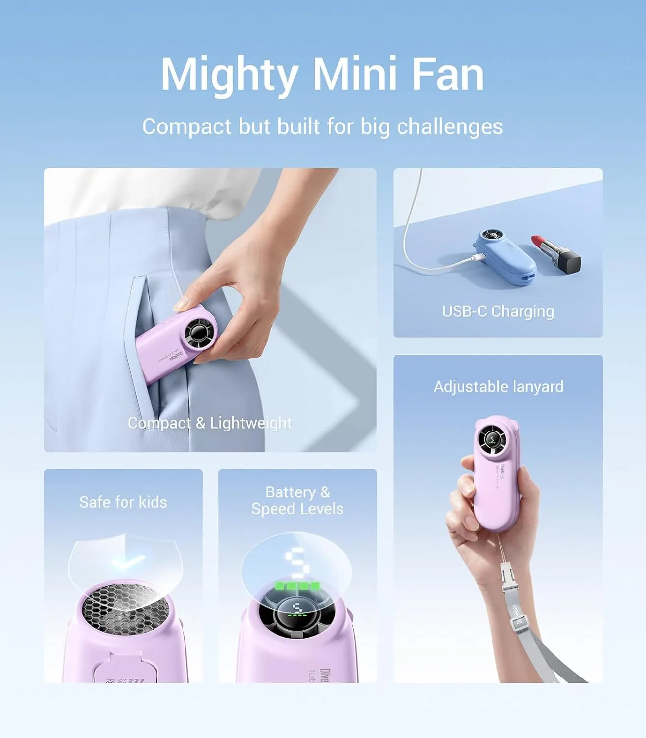 Diveblues TurboBear Portable Handheld Turbo Fan, 5 Gear Wind, Travel Essentials, Small Hand Held Fan Rechargeable, Mini Personal Fans Cooling, Battery Powered, Pocket Cute Gifts Women
