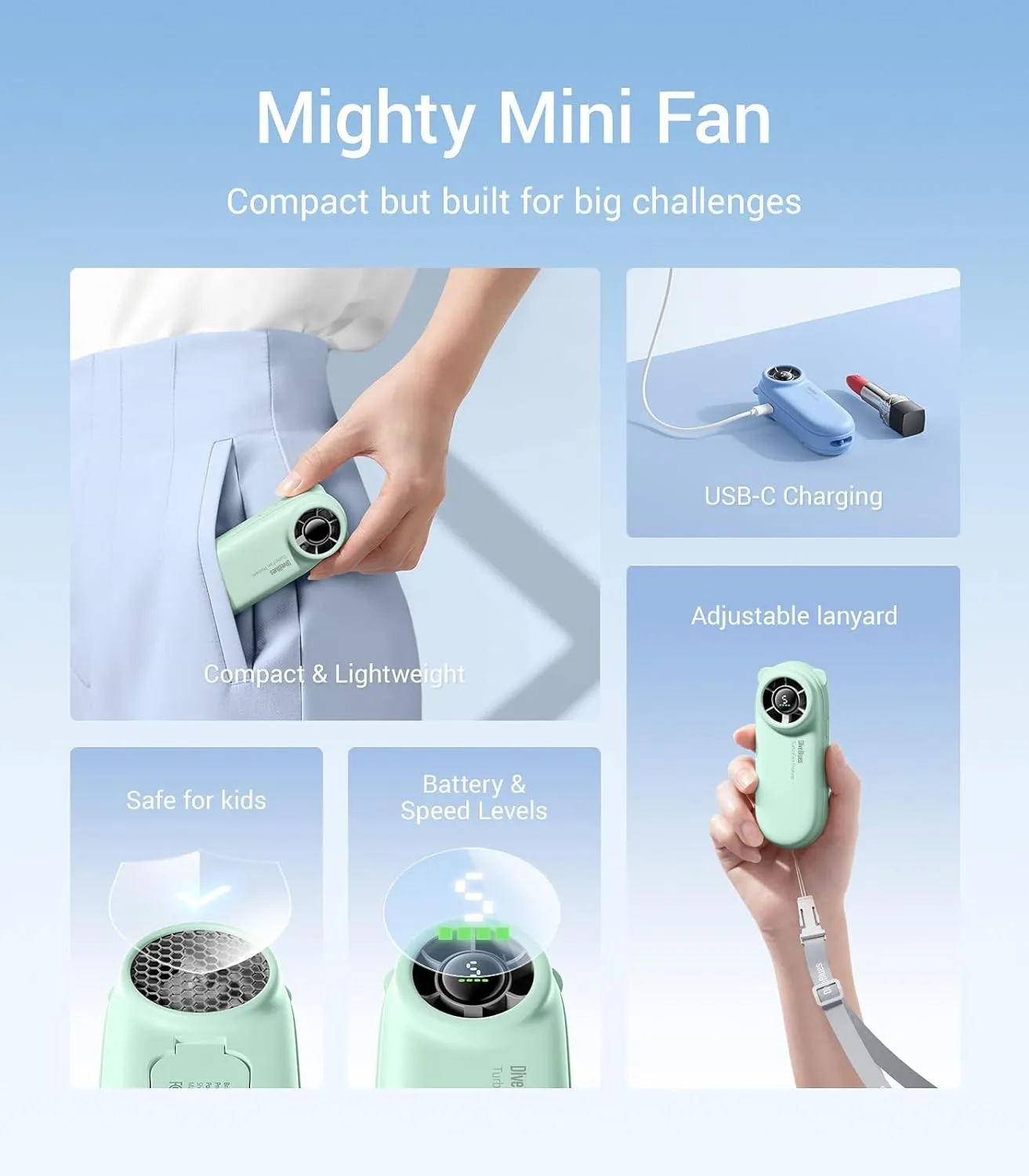 Diveblues TurboBear Portable Handheld Turbo Fan- Powerful Air Speed, Ultra-Light 86.5g Hand Fan, 5 Gear Cooling, Rechargeable Battery Powered, Pocket Cute Small Fan Travel Essentials Gifts Women