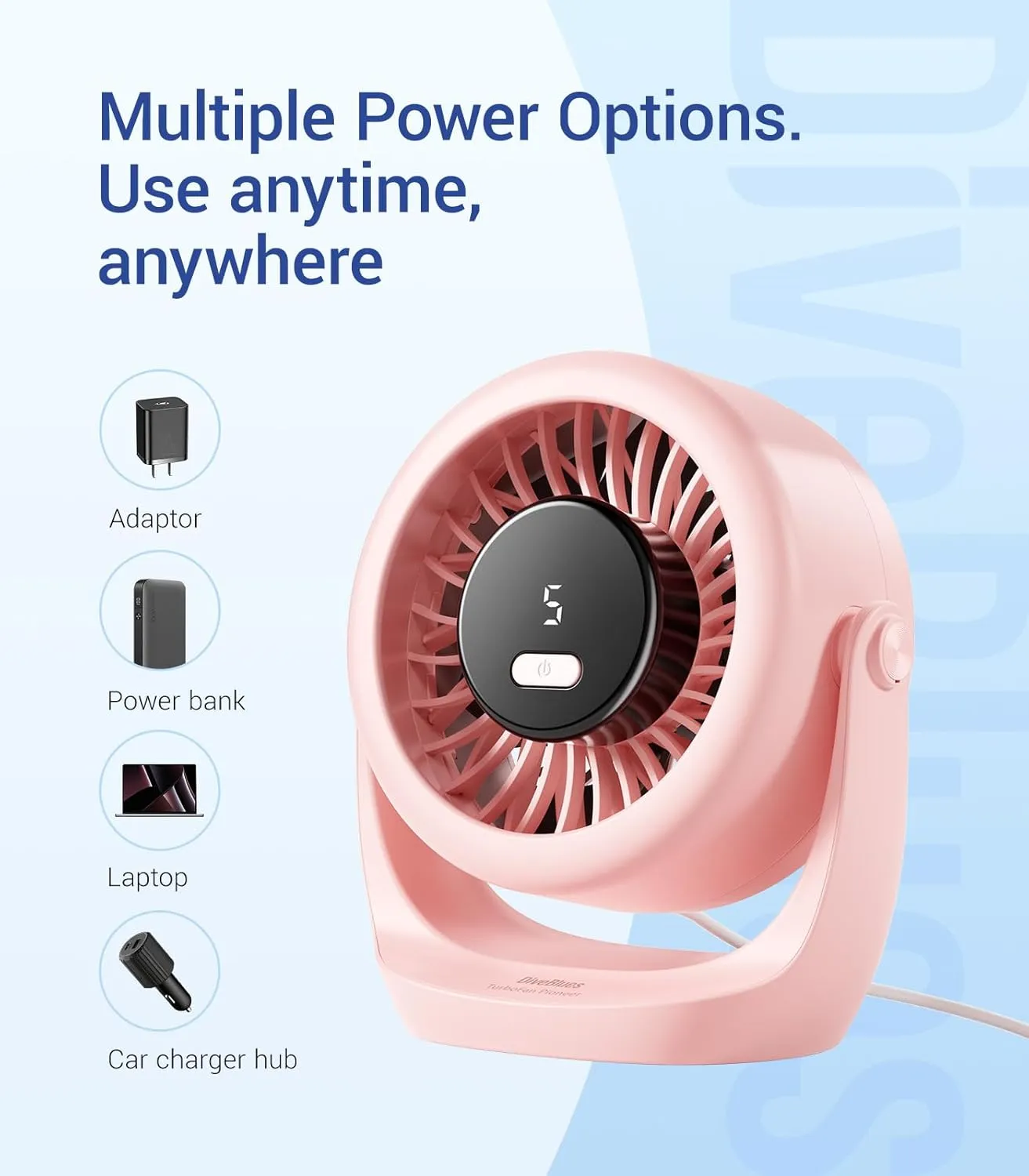 Diveblues USB Desk Turbo Fan, Ultra-Quiet Mini Desk Fan, Powerful Wind, LED Display, 5 Speed, 360 Rotating Small Portable Fan for Home, Office and Outdoor Cool Tech Gadgets - TurboBreeze
