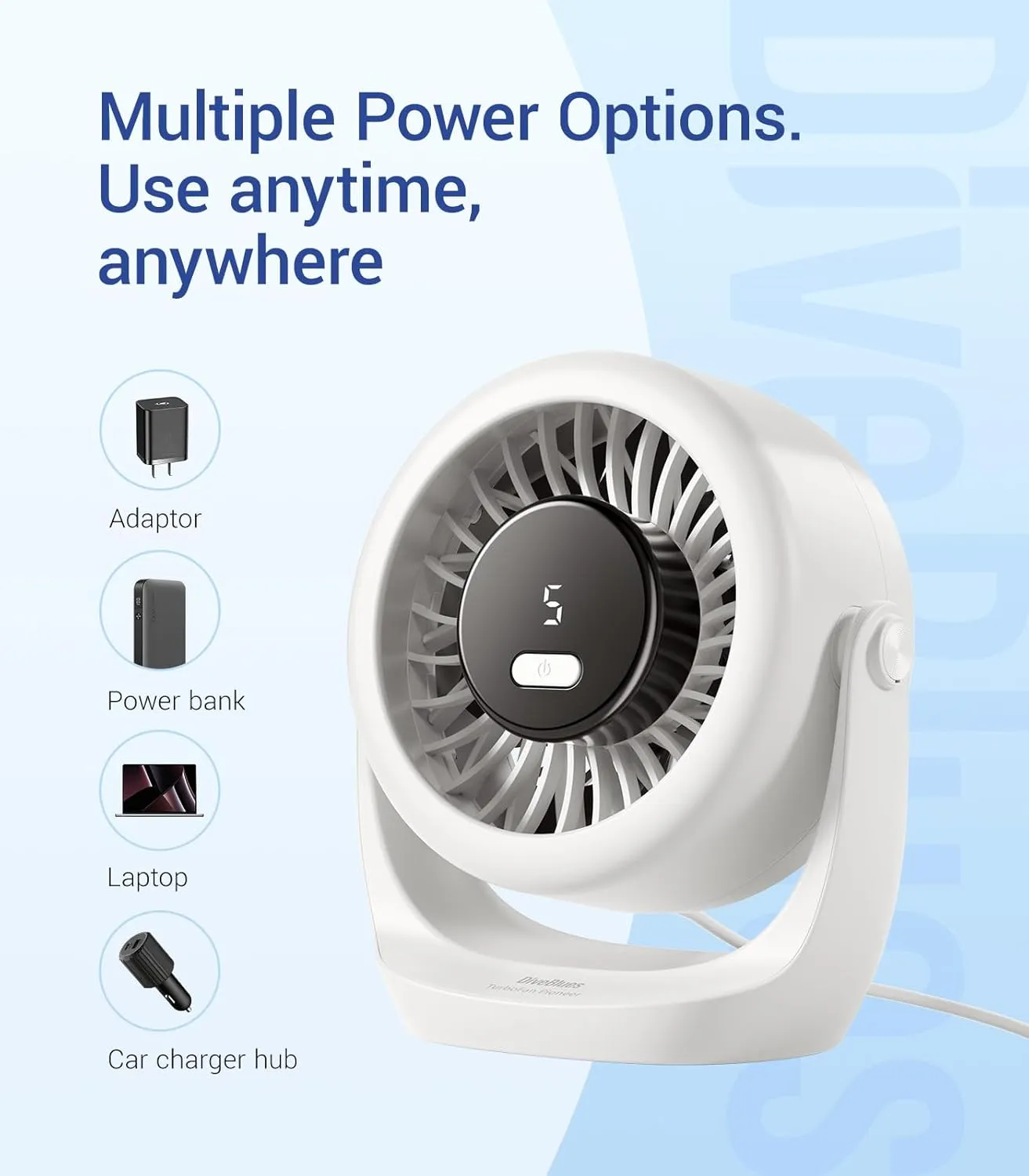 Diveblues USB Desk Turbo Fan, Ultra-Quiet Mini Desk Fan, Powerful Wind, LED Display, 5 Speed, 360 Rotating Small Portable Fan for Home, Office and Outdoor Cool Tech Gadgets - TurboBreeze