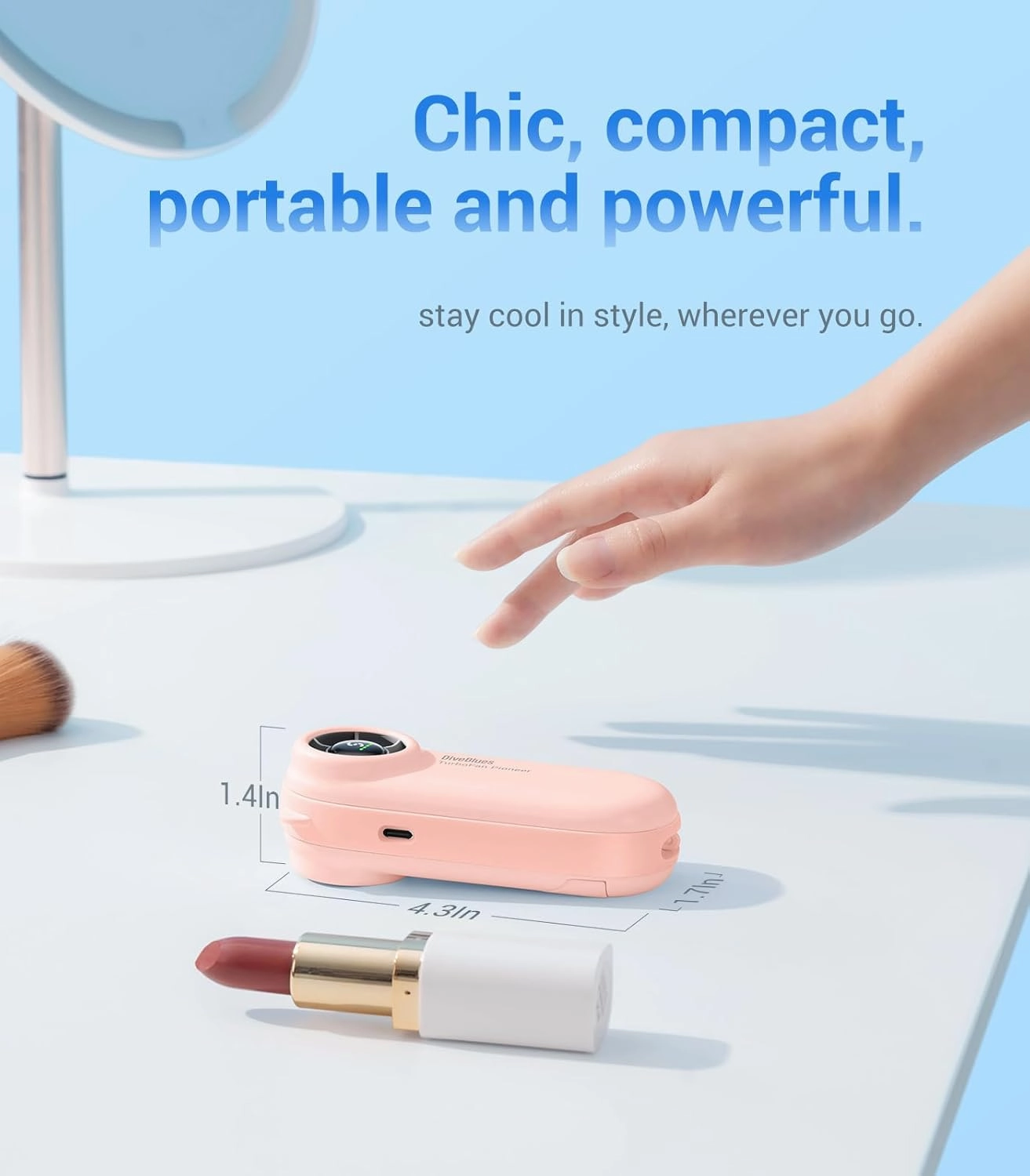 Diveblues Handheld Portable Turbo Fan, 4000mAh USB Rechargeable Pocket Fan, Up to 16 Hours, Hand Fan with 5 Speeds Powerful Cooling for Travel/Summer/Outdoor/Lash/Purse
