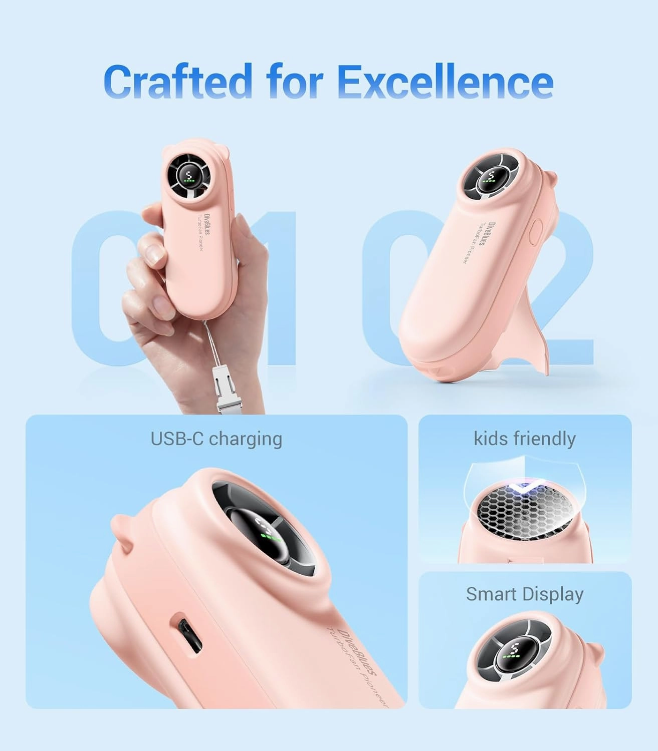 Diveblues Handheld Portable Turbo Fan, 4000mAh USB Rechargeable Pocket Fan, Up to 16 Hours, Hand Fan with 5 Speeds Powerful Cooling for Travel/Summer/Outdoor/Lash/Purse