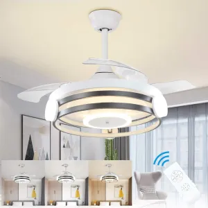 DLLT 35 Inch Retractable Ceiling Fan with Lights Remote Control, 30W LED Bladeless Modern Ceiling Fan for Kitchen, Bedroom, Living Room, Quiet Motor Fan, 3 Color Changeable, Timing, 3 Speed, FCC App-controlled remote fan for convenience