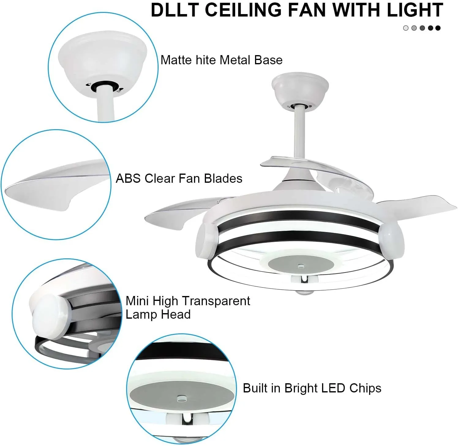 DLLT 35 Inch Retractable Ceiling Fan with Lights Remote Control, 30W LED Bladeless Modern Ceiling Fan for Kitchen, Bedroom, Living Room, Quiet Motor Fan, 3 Color Changeable, Timing, 3 Speed, FCC
