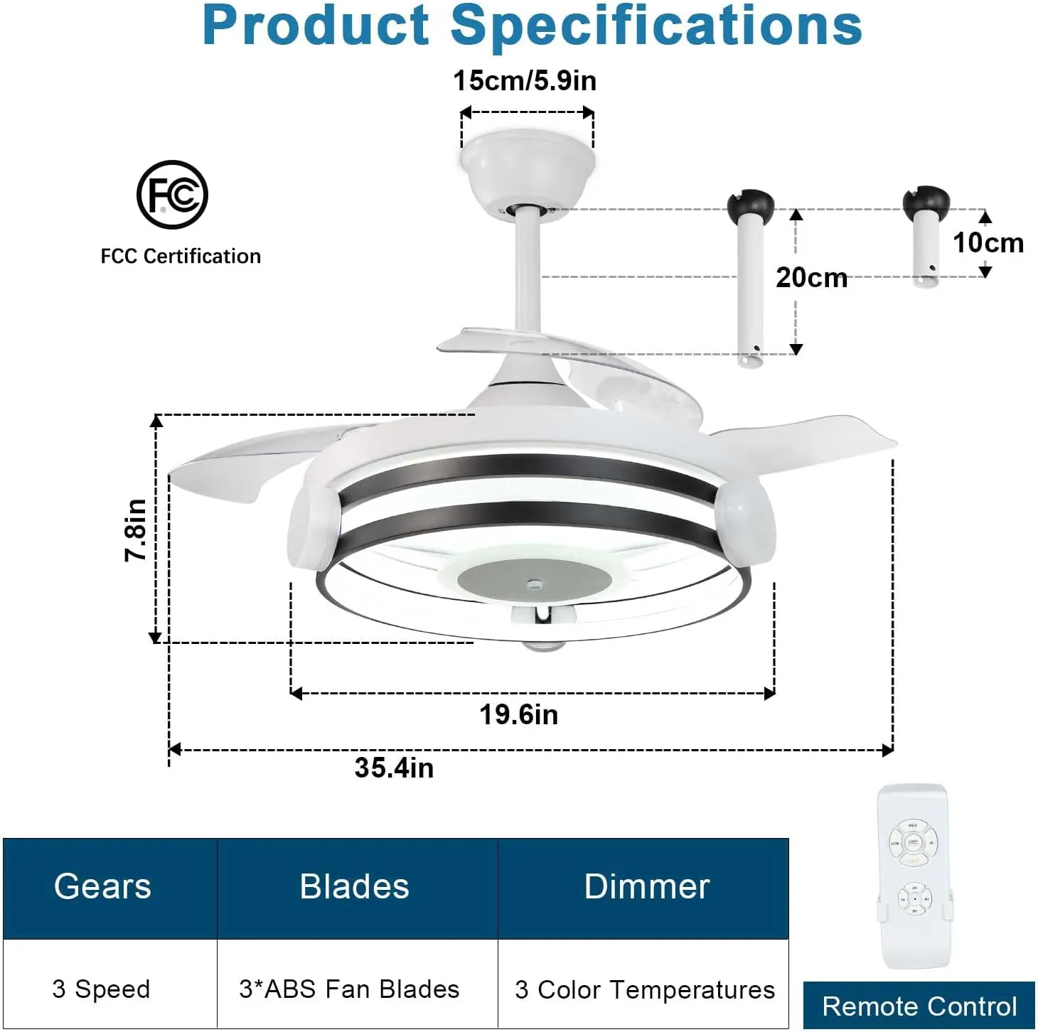 DLLT 35 Inch Retractable Ceiling Fan with Lights Remote Control, 30W LED Bladeless Modern Ceiling Fan for Kitchen, Bedroom, Living Room, Quiet Motor Fan, 3 Color Changeable, Timing, 3 Speed, FCC