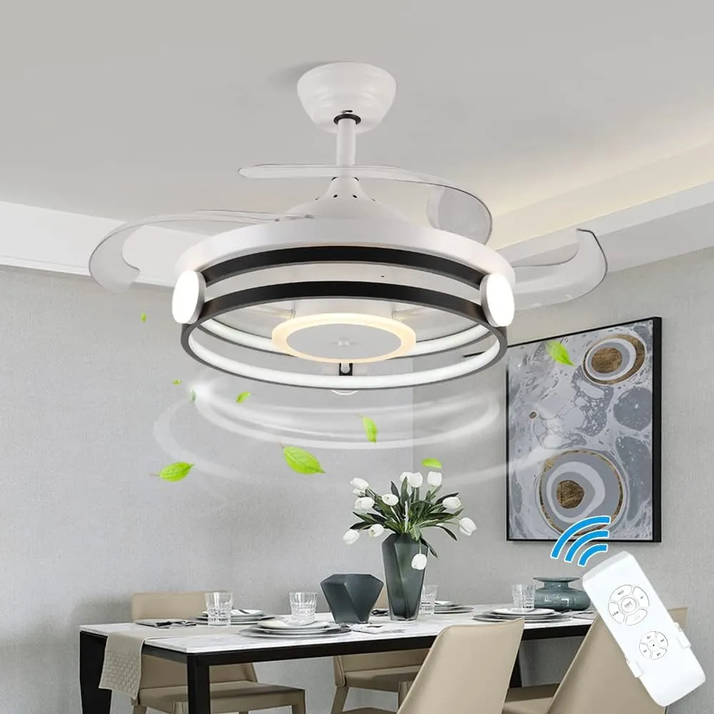 DLLT 35 Inch Retractable Ceiling Fan with Lights Remote Control, 30W LED Bladeless Modern Ceiling Fan for Kitchen, Bedroom, Living Room, Quiet Motor Fan, 3 Color Changeable, Timing, 3 Speed, FCC