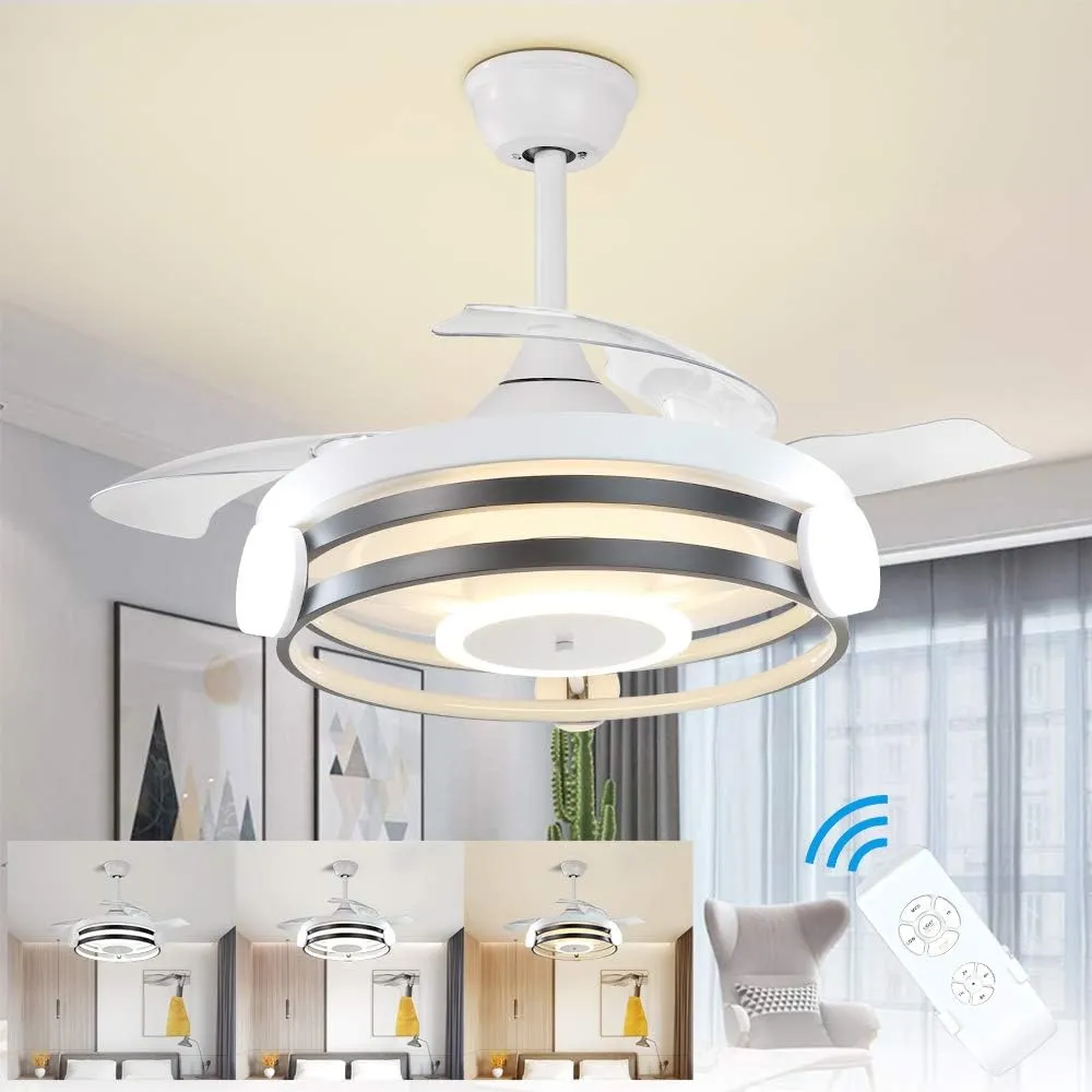DLLT 35 Inch Retractable Ceiling Fan with Lights Remote Control, 30W LED Bladeless Modern Ceiling Fan for Kitchen, Bedroom, Living Room, Quiet Motor Fan, 3 Color Changeable, Timing, 3 Speed, FCC App-controlled remote fan for convenience